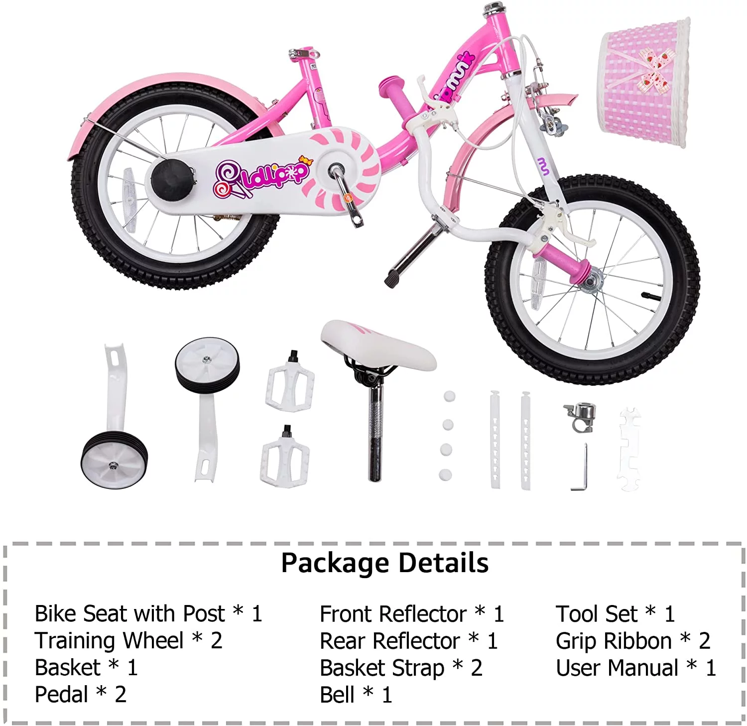 RoyalBaby Chipmunk Girls Kids Bike Bicycle with Basket Training Wheels 14 Inch Lollipop Pink - Womvr
