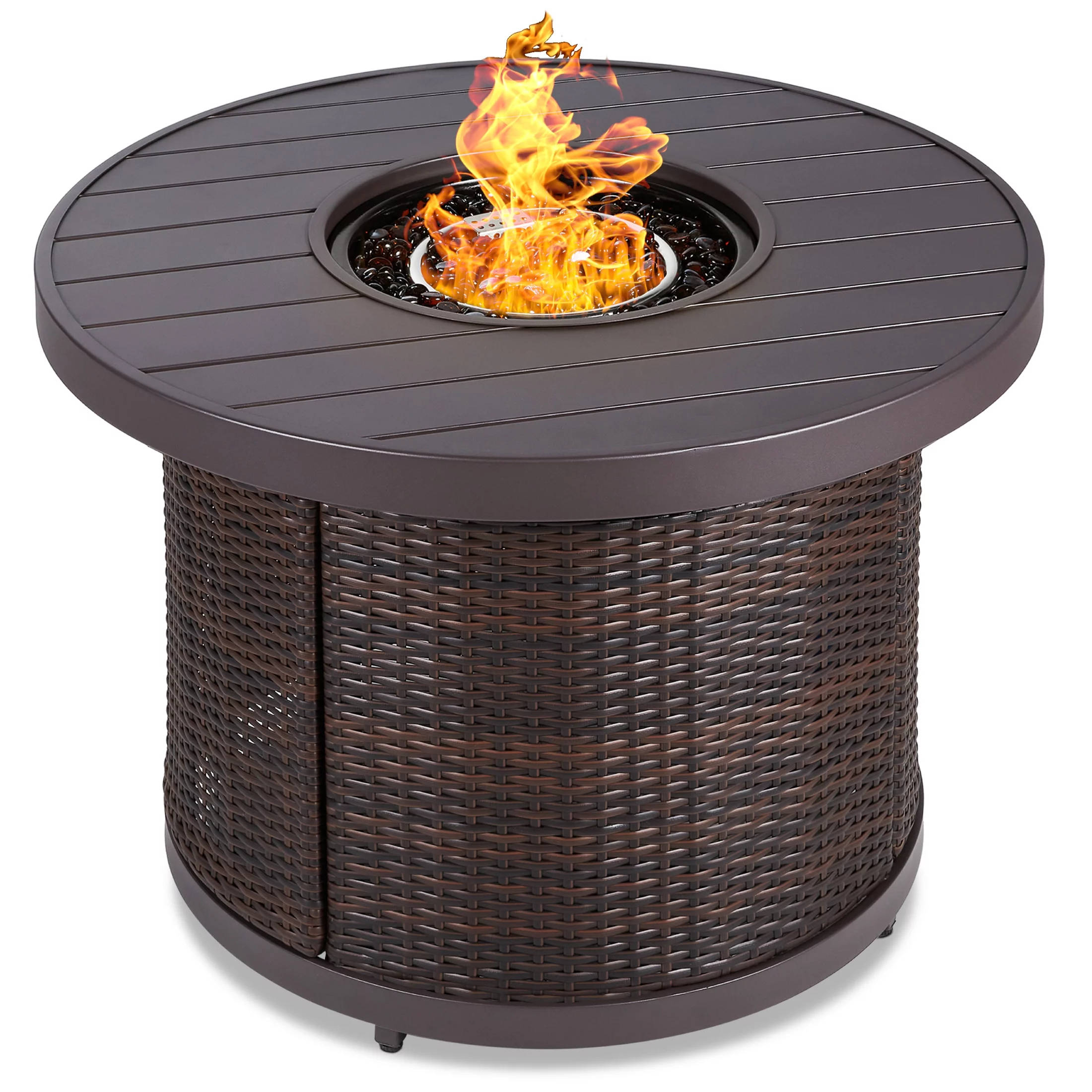 Best Choice Products 32in Round Gas Fire Pit Table, 50,000 BTU Outdoor Wicker Patio Propane Firepit w/ Cover - Brown - Womvr