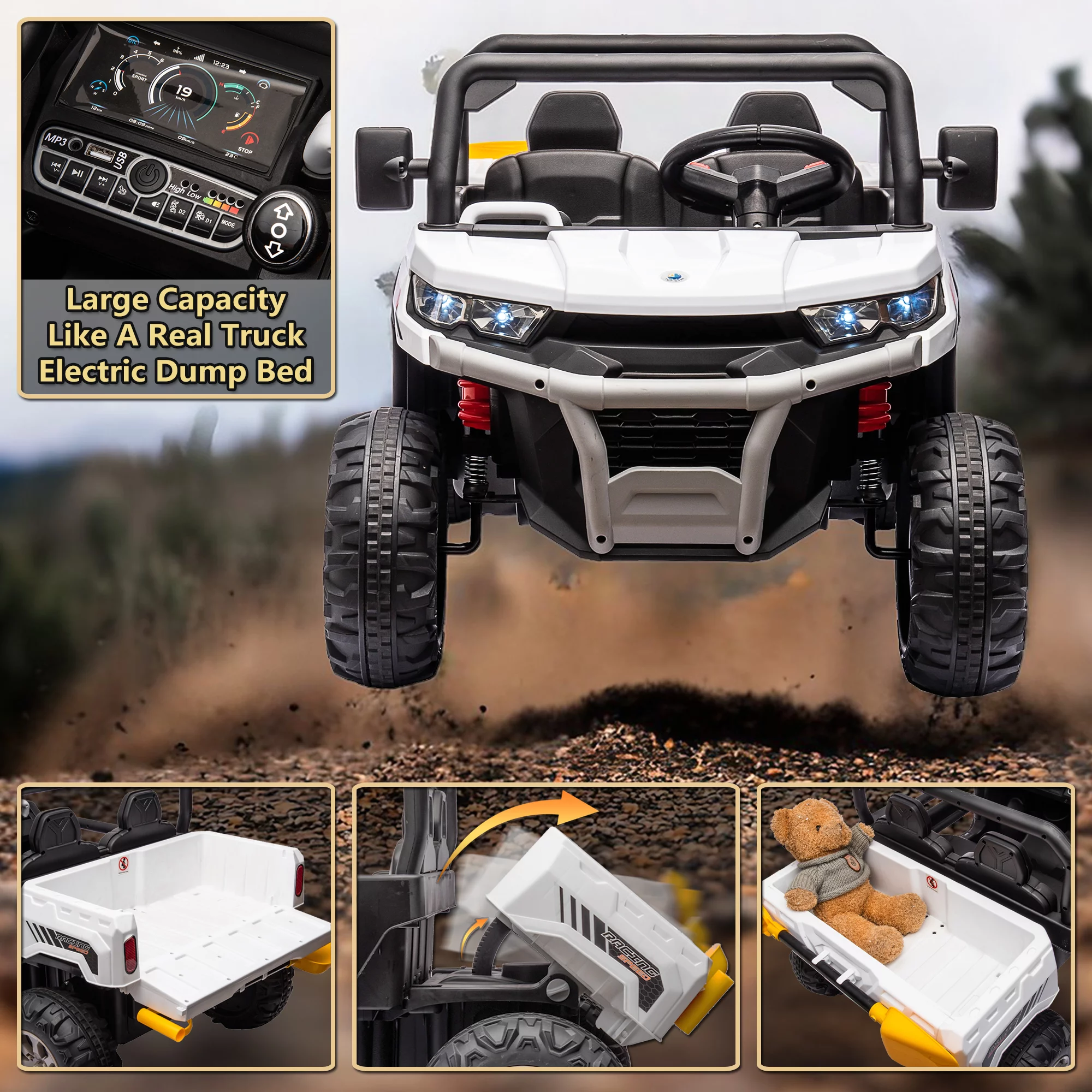 24V 2 Seater Ride on Toys, Ride On UTV with 2x200W Motor Ride On Dump Truck, Ride On Car with Dump Bed/Shovel, Electric Vehicle with Rubber Tires, LED Light, Music, Remote Control, Black - Womvr