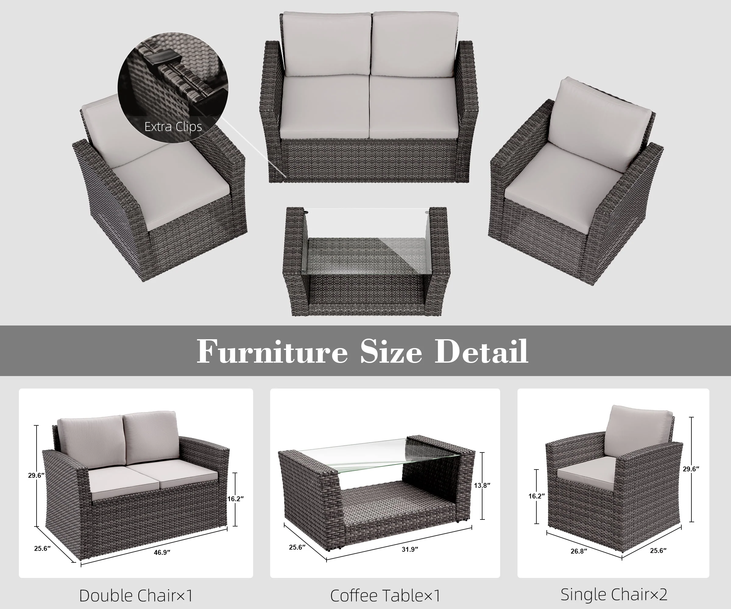 Bifanuo 4-Piece Patio Furniture Set Outdoor Rattan Wicker Sofa Set with Cushions & Coffee Table, Conversation Sofa Set with Tempered Glass Table Top - Womvr
