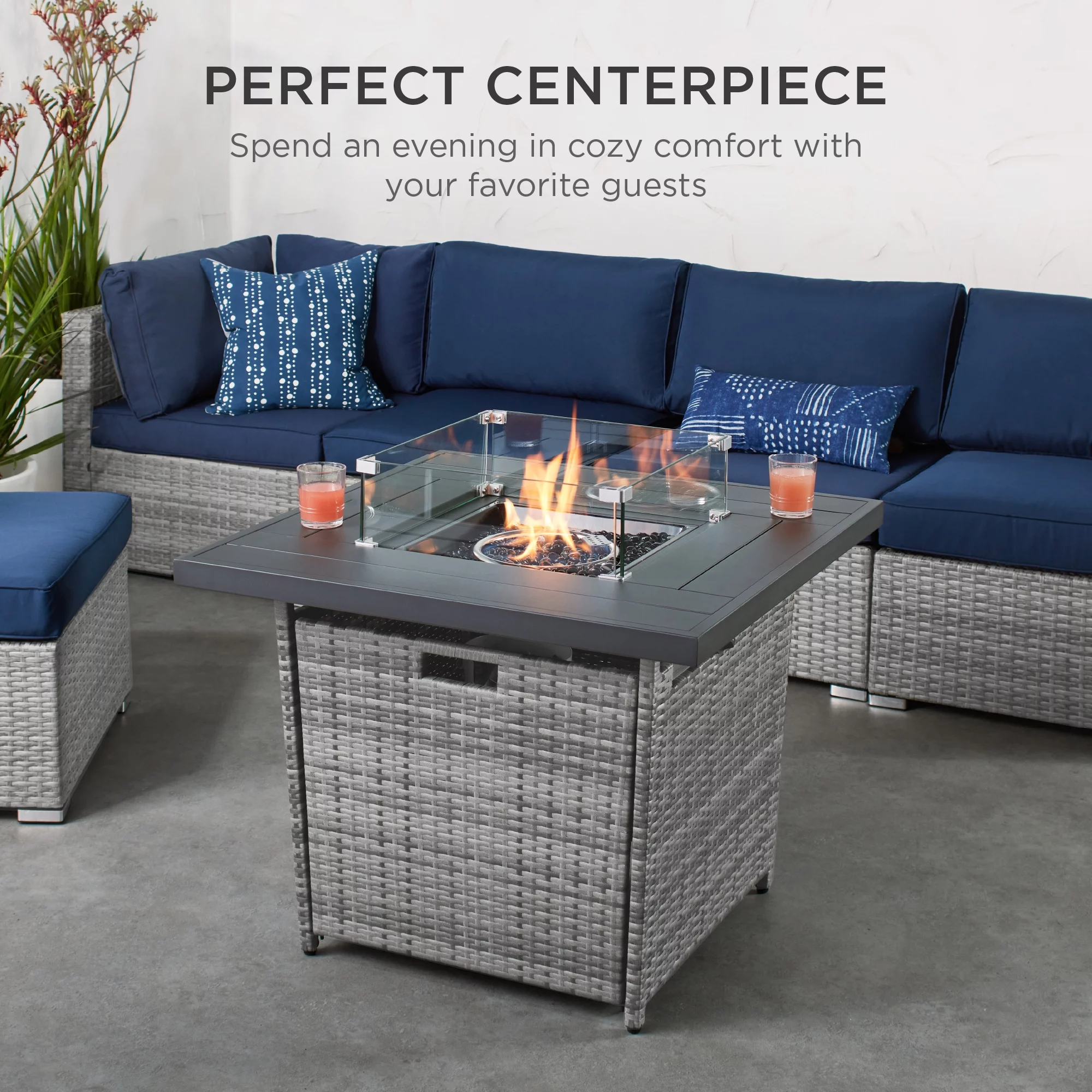 Best Choice Products 32in Fire Pit Table 50,000 BTU Outdoor Wicker Patio w/ Wind Guard, Glass Beads, Cover - Ash Gray - Womvr