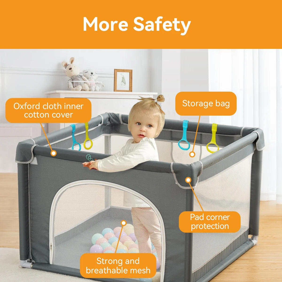 Baby Playpen, 36x36x27inch Portable Soft Mesh Sturdy Pipe Ample Space for Toddler, Gray - Womvr
