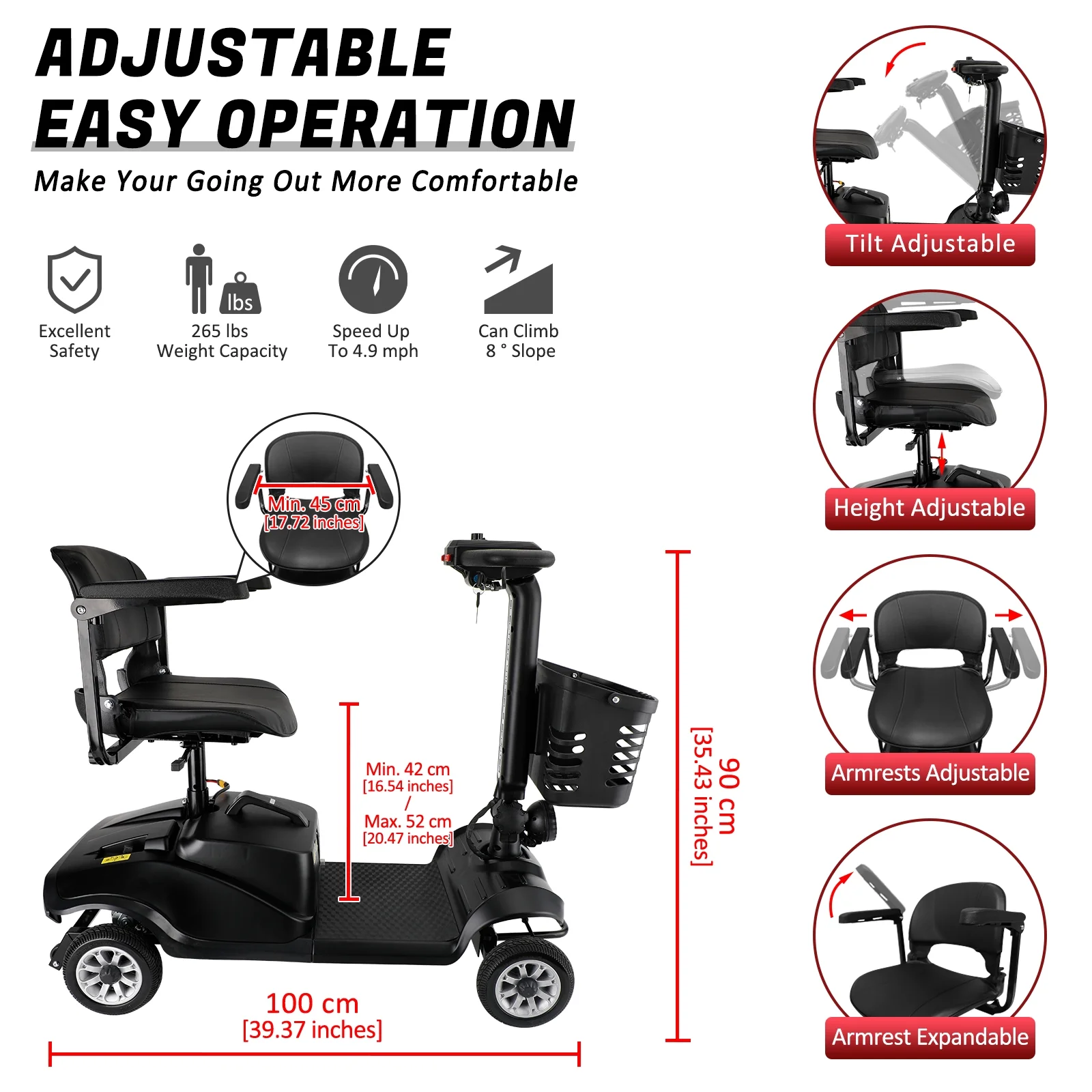Artudatech Mobility Scooter, Electric Powered Wheelchair Device for Travel, Adults, Elderly 4 wheels 300lb Weight Cap Model with Cup Holder - Womvr