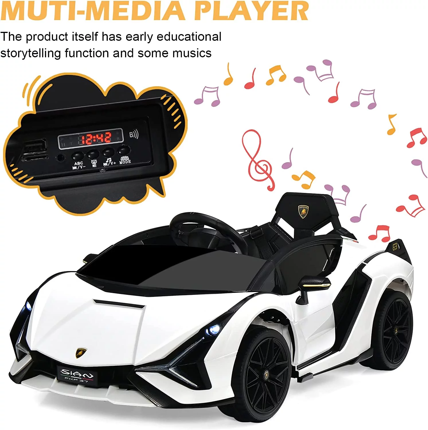 OLAKIDS 12V Licensed Lamborghini Sian Kids Ride On Car with Parent Remote Control, Spring Suspension, MP3 Player, Electric Toy Roadster Carbon Fiber Textured for Toddler (Black) - Womvr