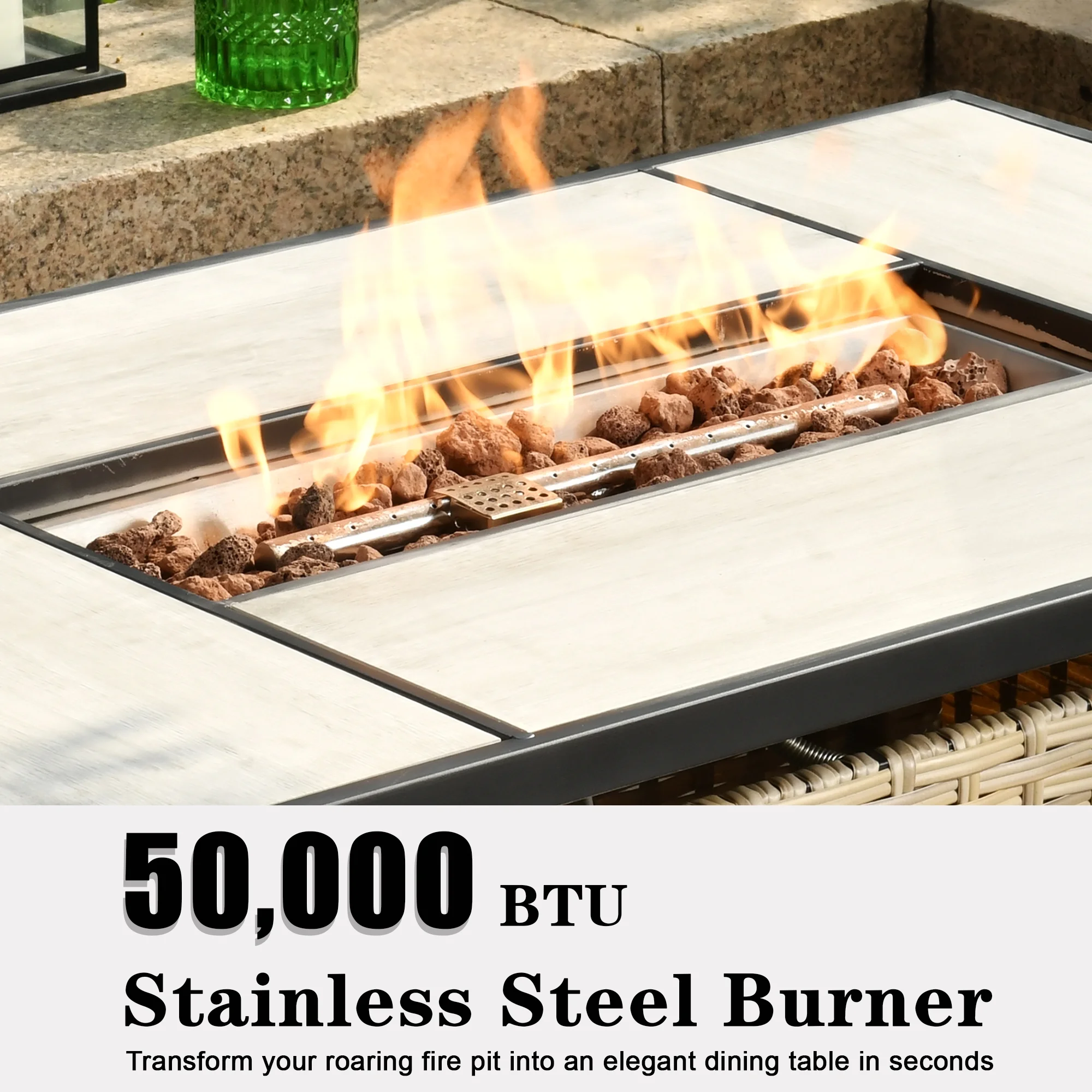 Ovios Outdoor Wicker Propane Fire Pit Table 42-Inch 50,000 BTU Flame Gas Fire Pits for Patio with Waterproof Cover & Lid Rectangle - Womvr