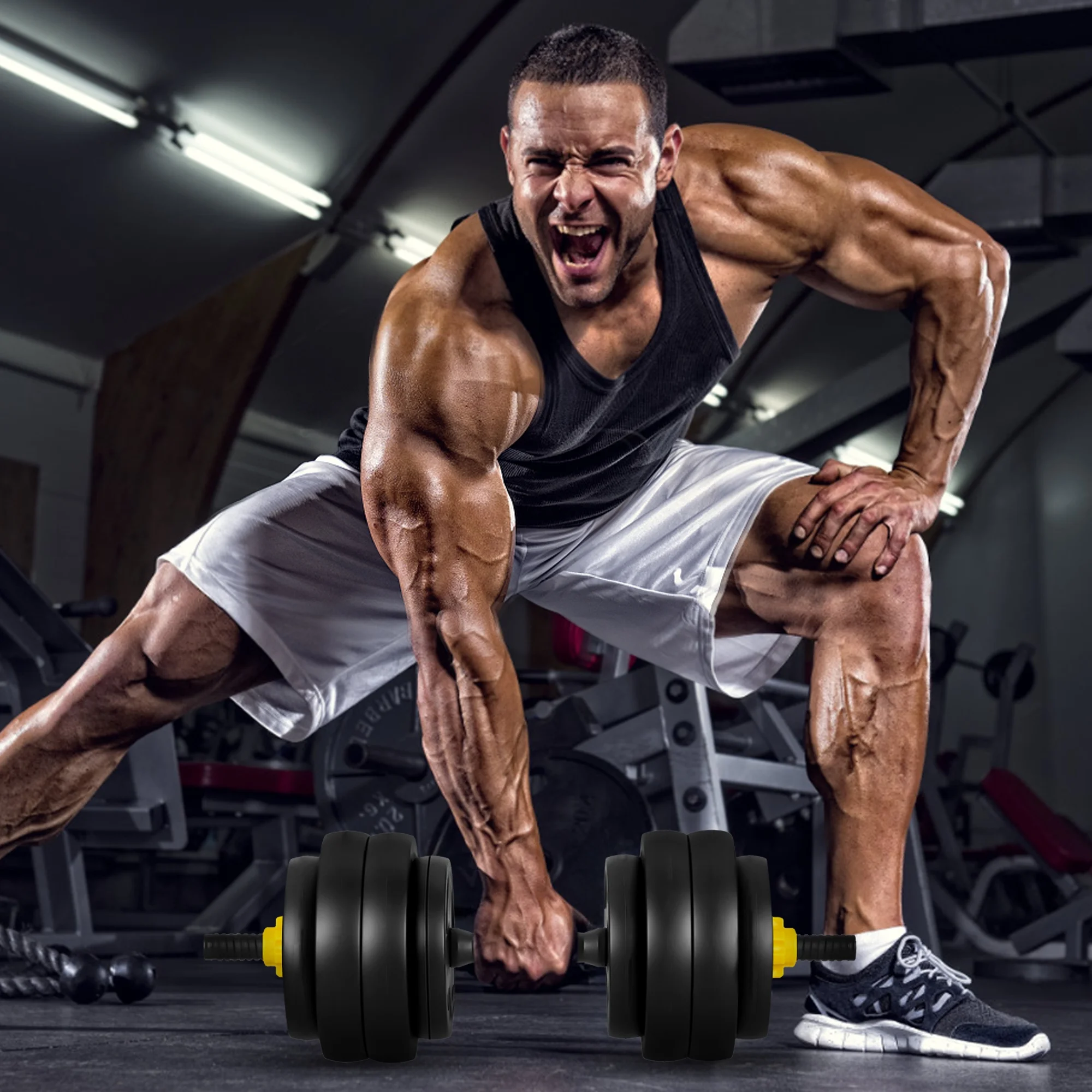 FIXTECH 66 Lbs Adjustable Weight Dumbbell Barbell Set, 4-In-1 Free Weight Combination with Curved Bar Connector for Women Men Workout Fitness, Yellow - Womvr