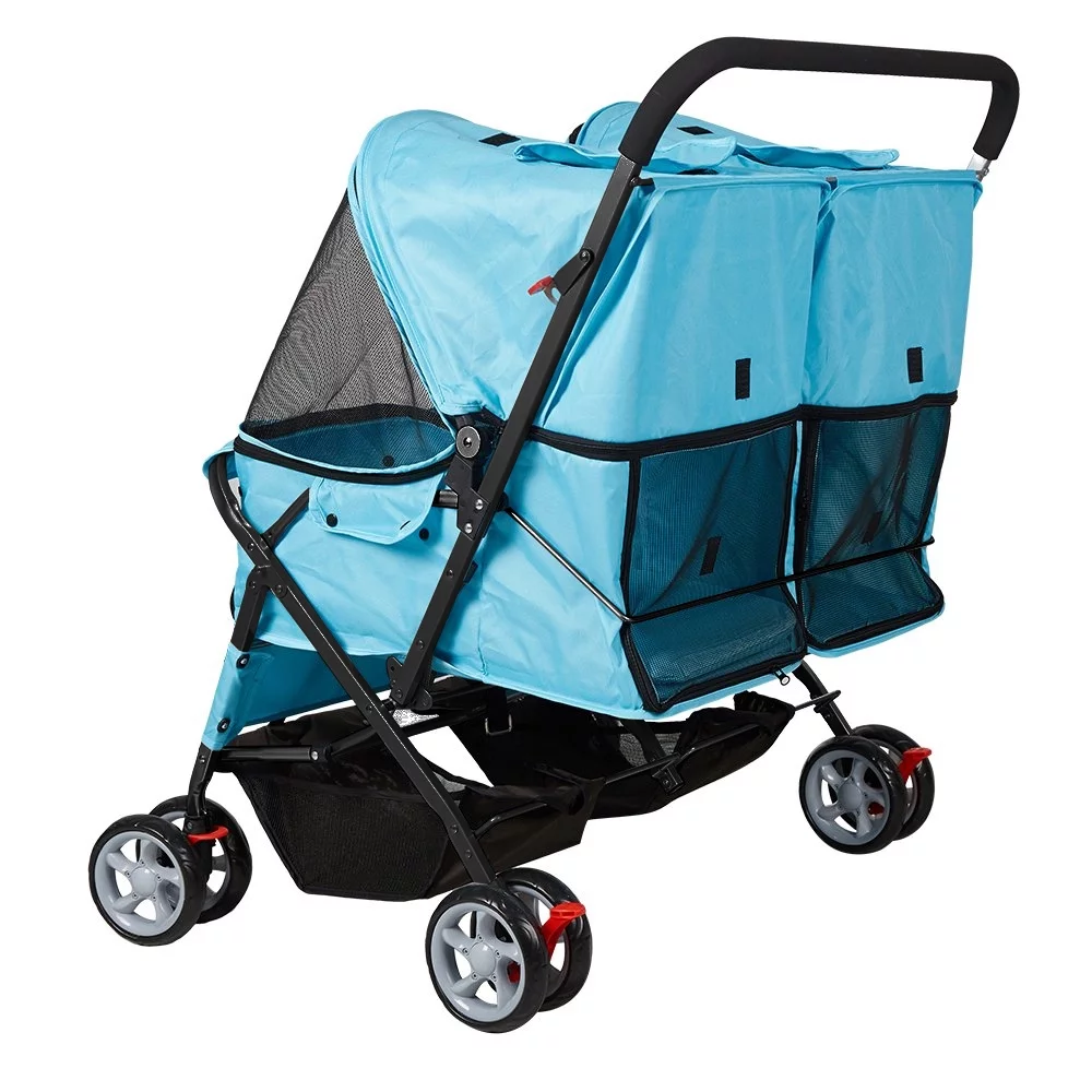 Karmas Product Double Pet Stroller Foldable Doggy Stroller Two-Seater Carrier Strolling Cart for Dog Cat, Blue - Womvr