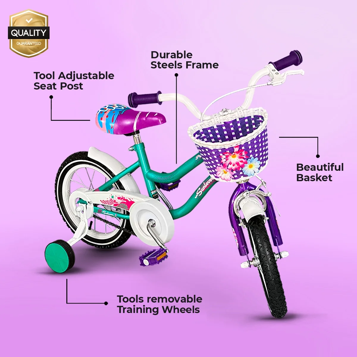 SUNLOVERR Mystic Purple Girls Bike for Toddlers and Kids Ages 3-5 Years Old, 12 Inch Kids Bike with Training Wheels & Basket, Boy Bicycle with Handbrake. - Womvr