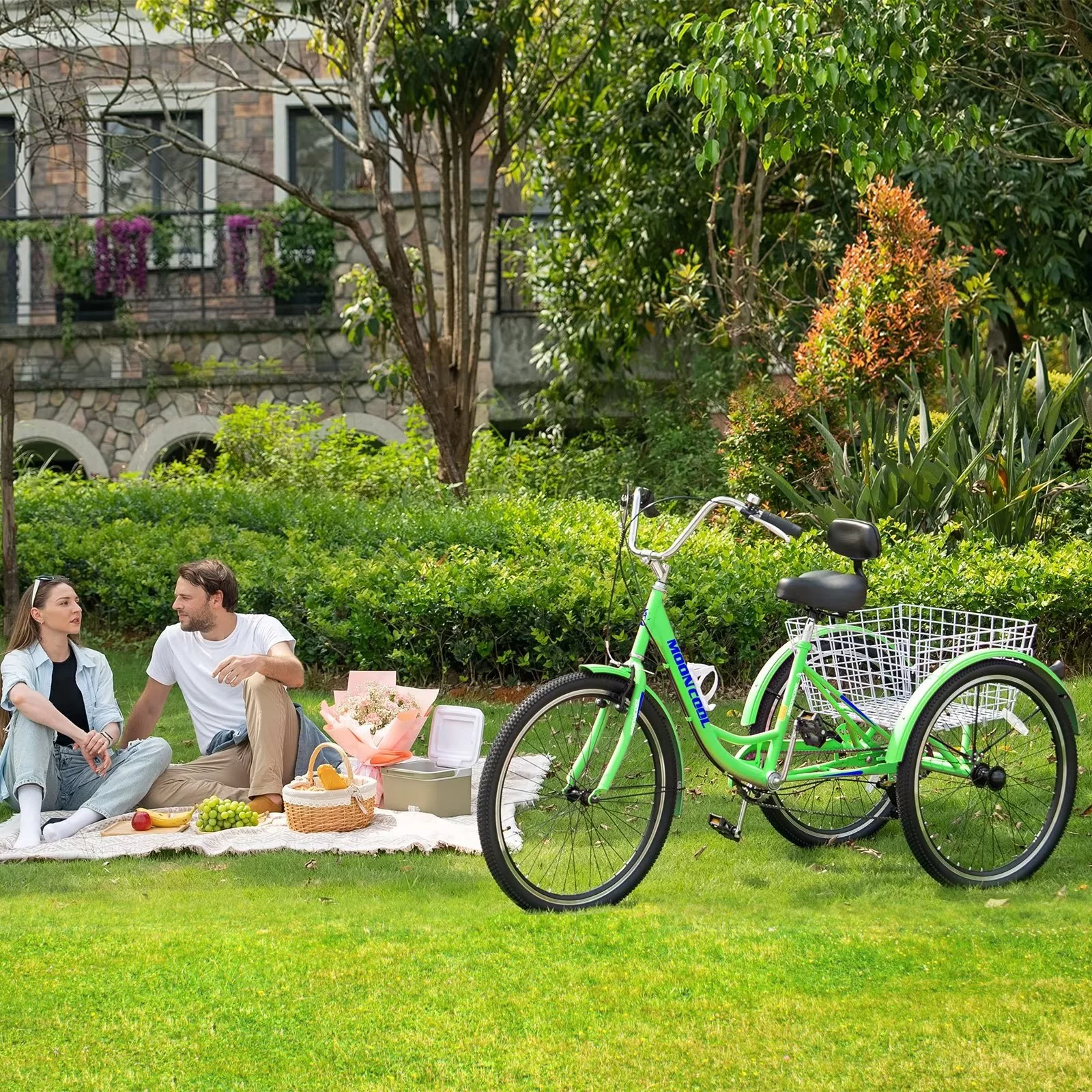 MOPHOTO Adult Tricycle for Seniors (Cyan, 26inch /7-Speed), Low Frame Three Wheel Bikes with Large Basket & Bell, 3 Wheel Cargo Bicycle, Safe and Durable Trike - Womvr