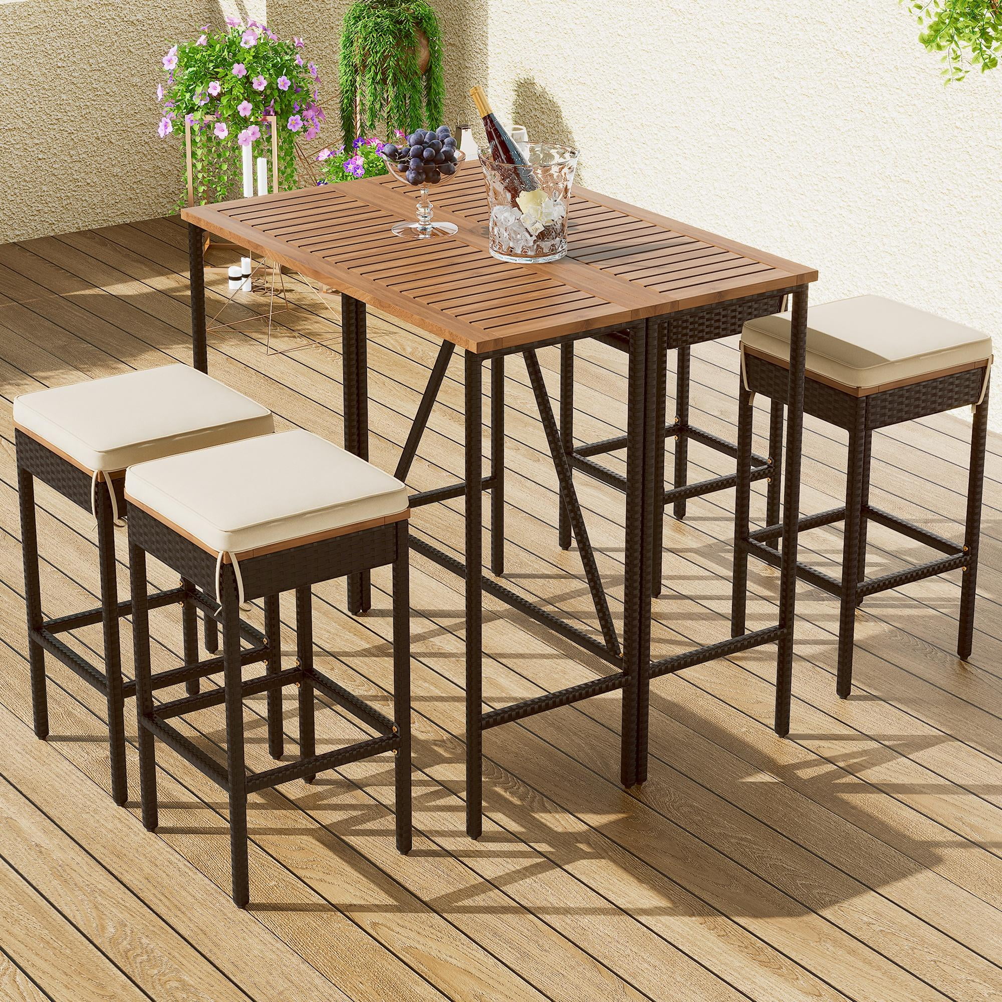 SESSLIFE 5 Piece Outdoor Rattan Dining Set with Storage Shelf, Patio Bar Table and 4 Stools Set, Modern Gray Wicker Outdoor Furniture Sets - Womvr