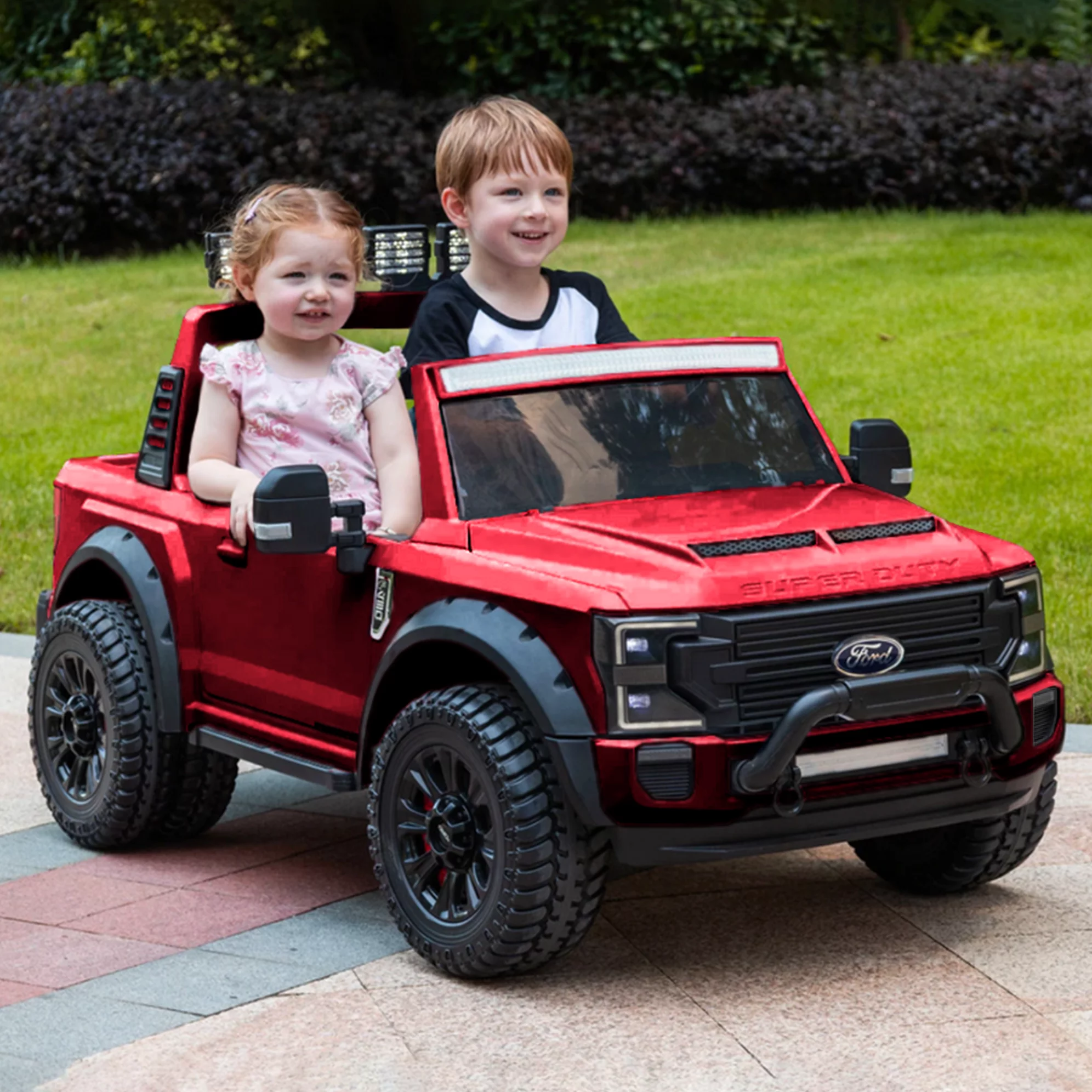 2023 Ford F450 Two (2) Seater Ride On Kids Car Truck w/ Remote | Large 24V Battery Licensed Kid Car to Drive 3 Speeds, Leather Seat, MP3 Music by Bluetooth, FM Radio, Rubber Tires-Black - Womvr