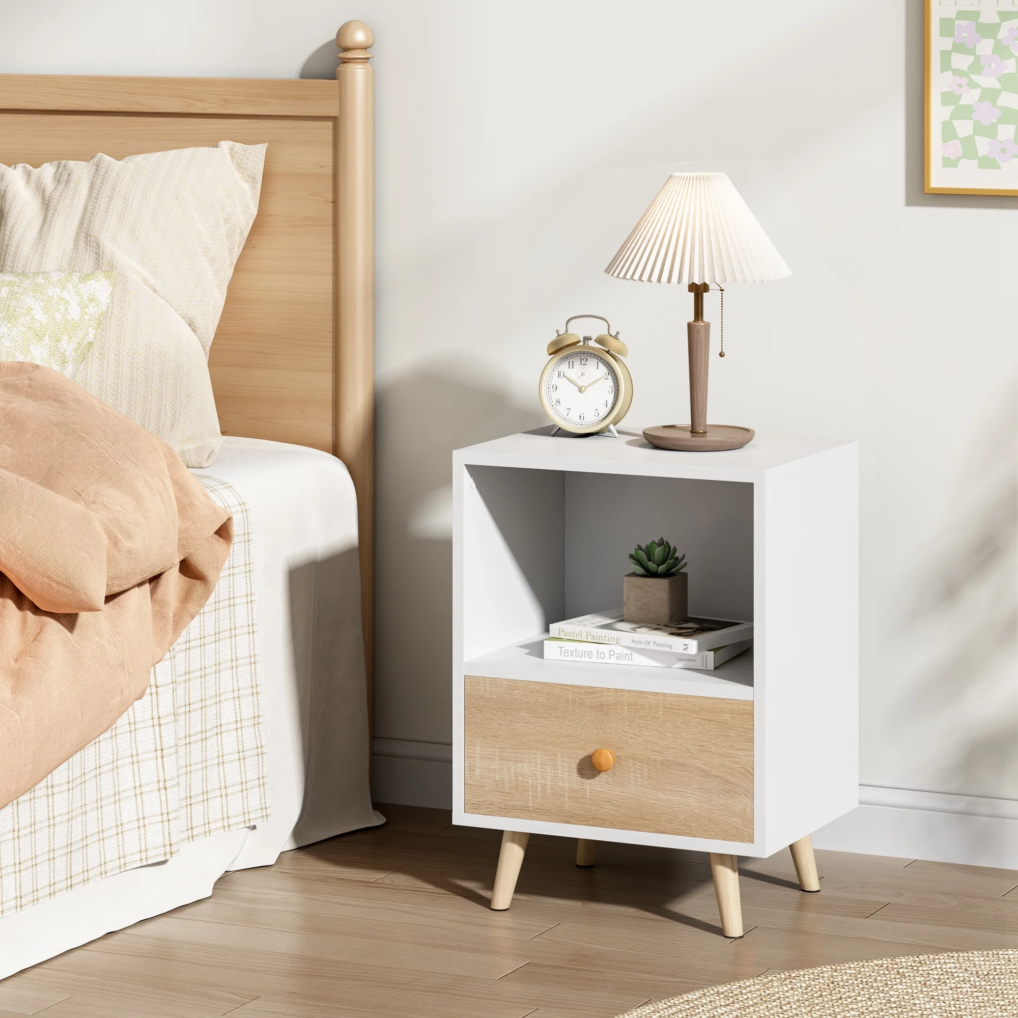 JAXPETY Nightstands Set of 2, Night Stand with 1 Drawer and Open Shelf Storage, End Table, Side Table, for Bedroom, Living Room, Natural Wood & White - Womvr