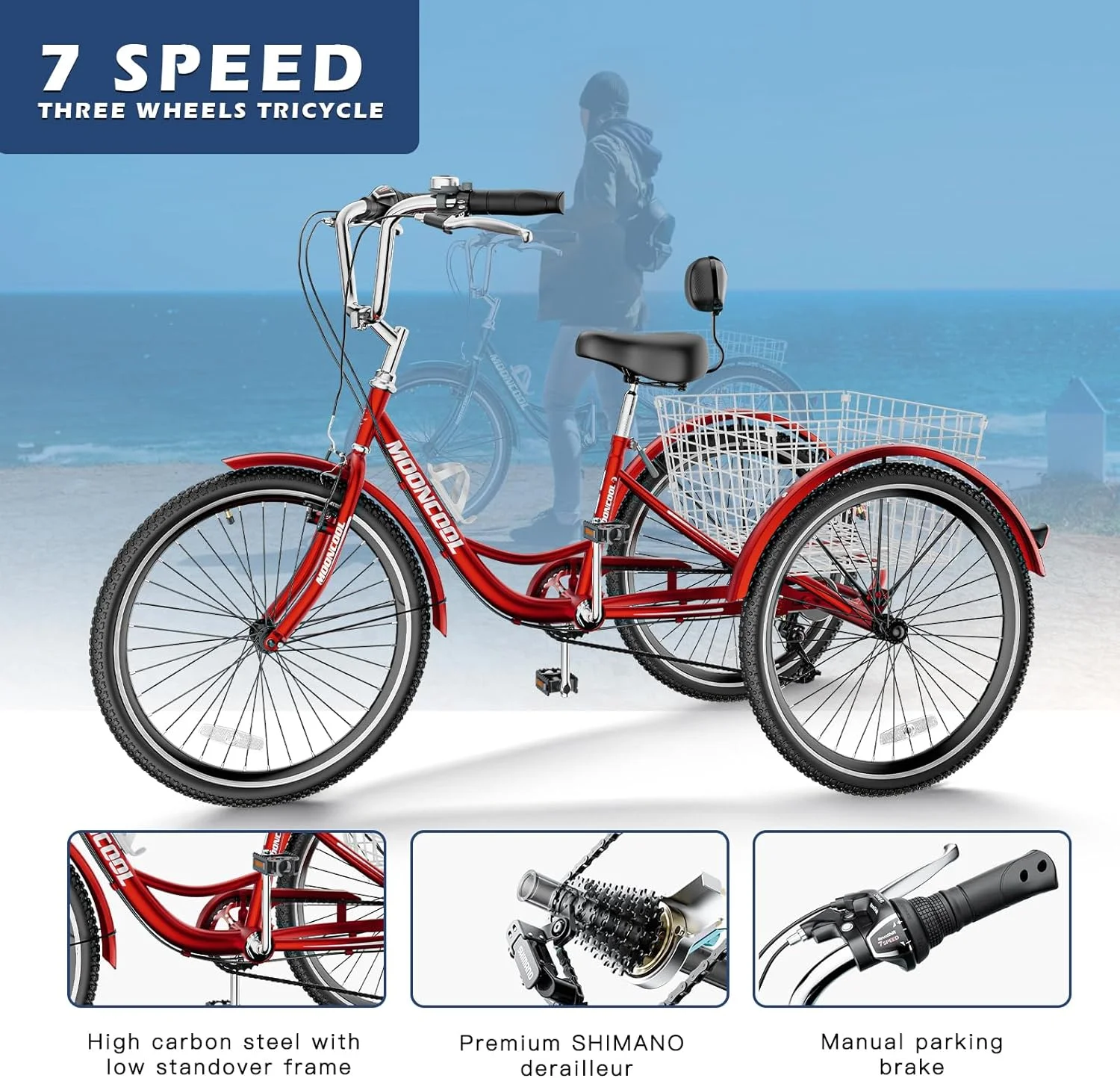 MOONCOOL Adult Tricycles with Rear Basket, 24 26 inch 7 Speed 3 Wheel Bikes, Three-Wheeled Bicycles Adult Trike with Backrest for Seniors, Women, Men - Womvr