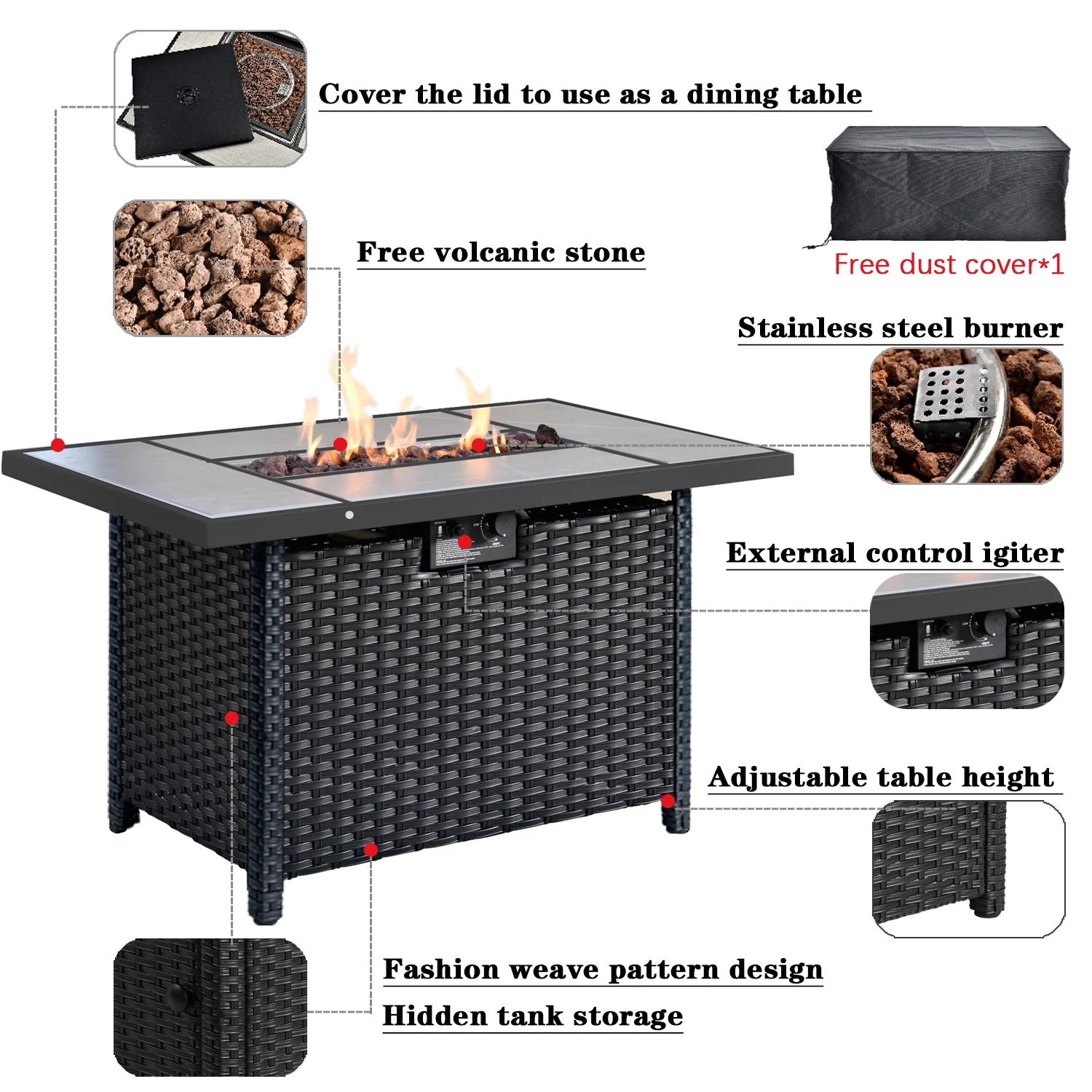 Ovios Outdoor Wicker Propane Fire Pit Table 42-Inch 50,000 BTU Flame Gas Fire Pits for Patio with Waterproof Cover & Lid Rectangle - Womvr