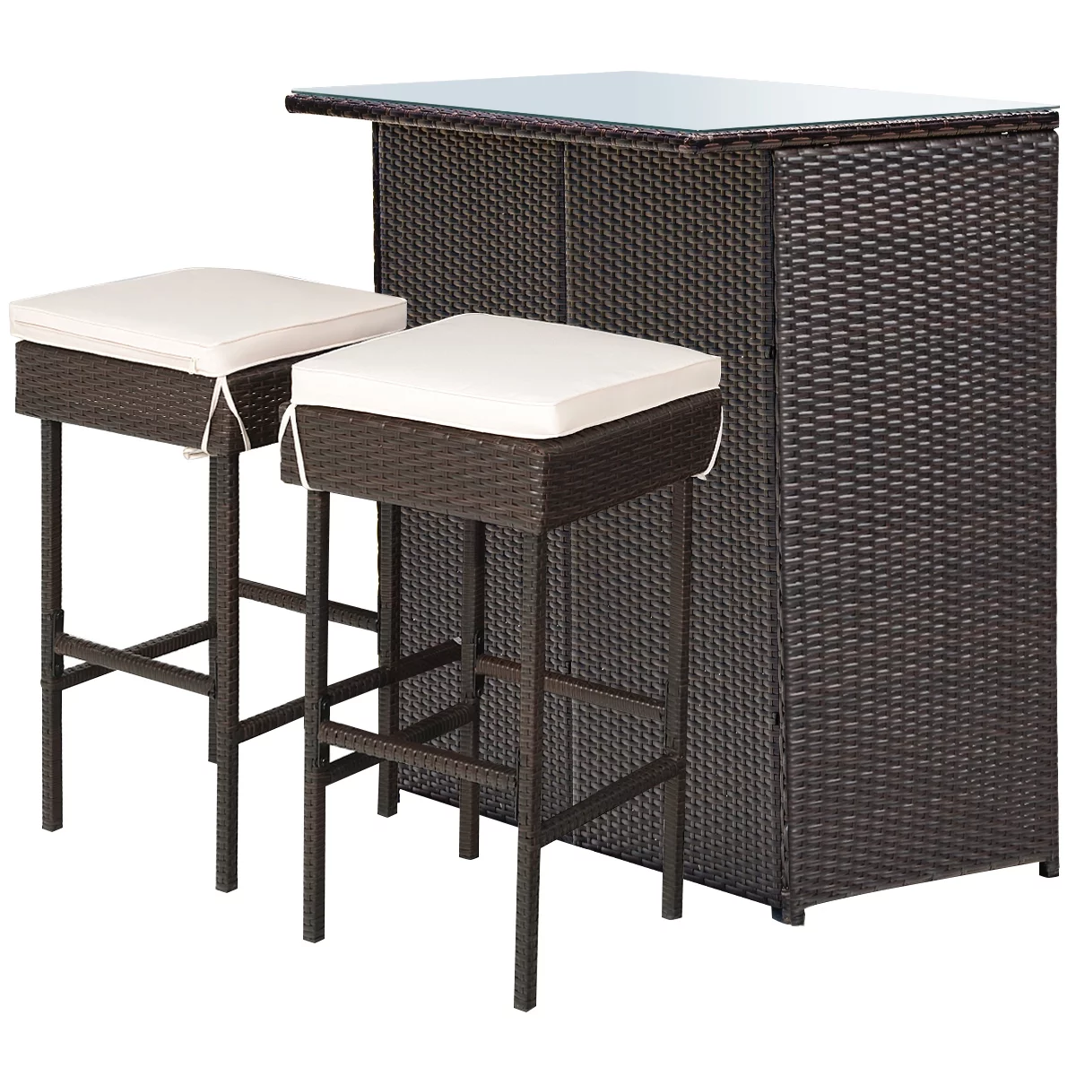 Costway 3PCS Patio Rattan Wicker Bar Table Stools Dining Set Cushioned Chairs Garden - Womvr