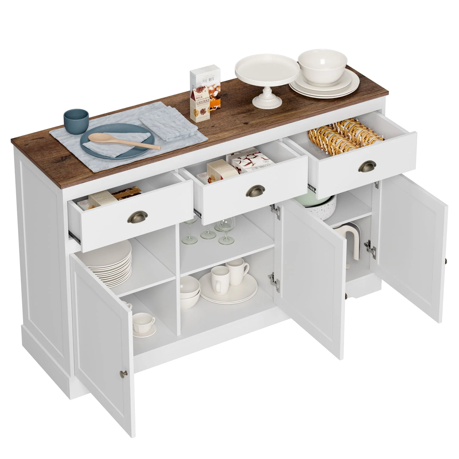 Homfa Sideboard Storage Cabinet with 3 Drawers & 3 Doors, 53.54'' Wide Buffet Cabinet for Dining Room, White - Womvr