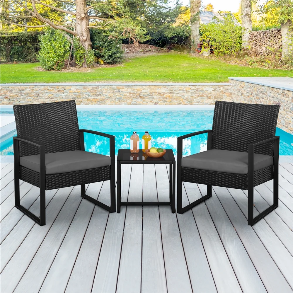 Yaheetech Modern 3-piece Patio Rattan Chairs & Table Set with Cushions, Black/Gray - Womvr