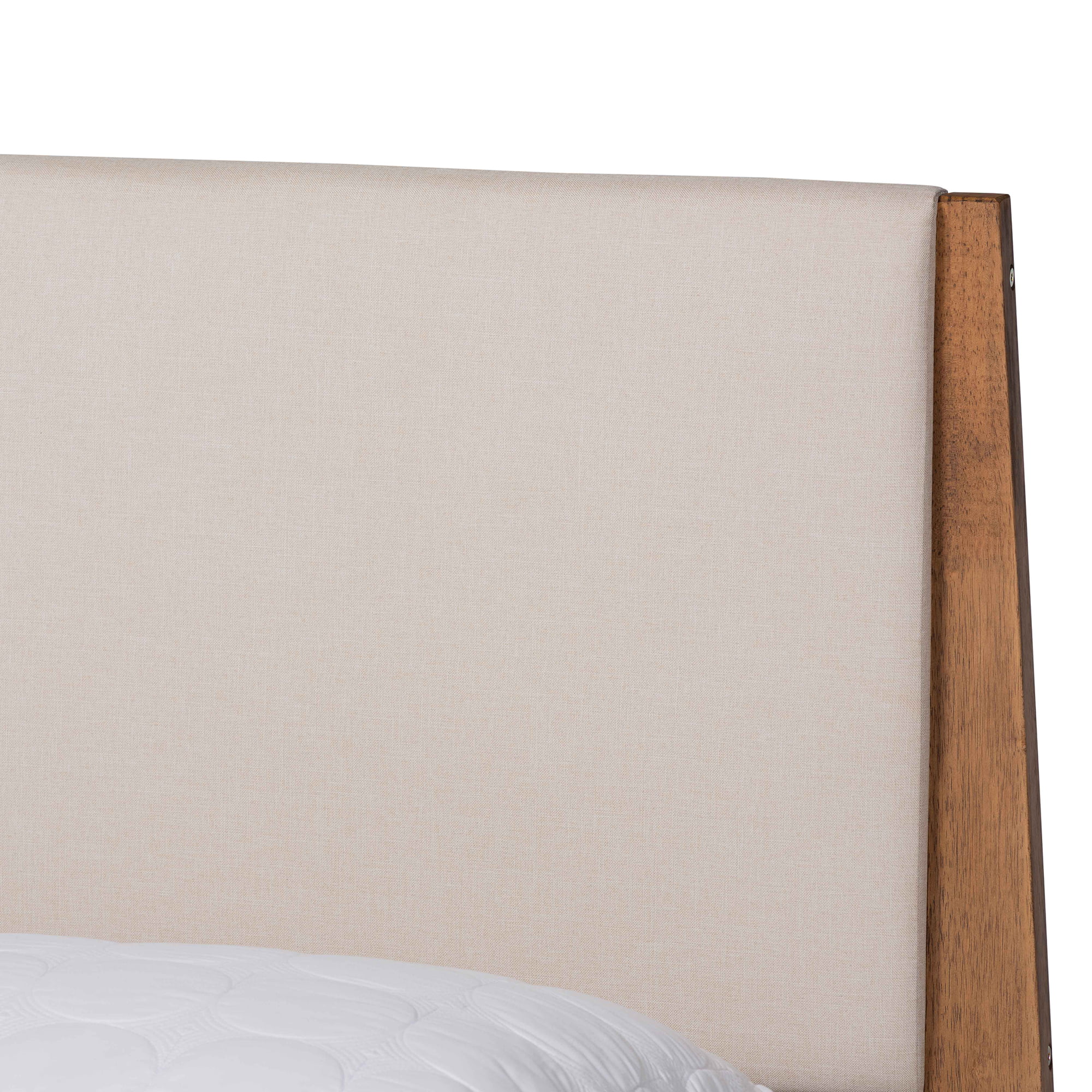 Baxton Studio Sennae Mid-Century Modern Beige Fabric Upholstered and Walnut Brown Finished Wood Queen Size Platform Bed - Womvr