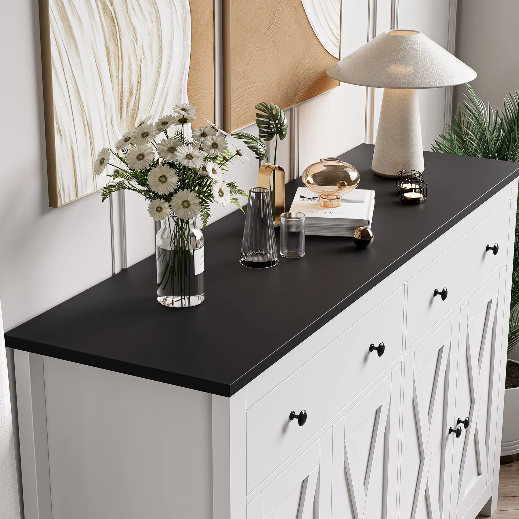 Homfa 4-Doors 2-Drawers Farmhouse Storage Cabinet, Wood Sideboard with Adjustable Shelves for Kitchen Dining Room, White - Womvr
