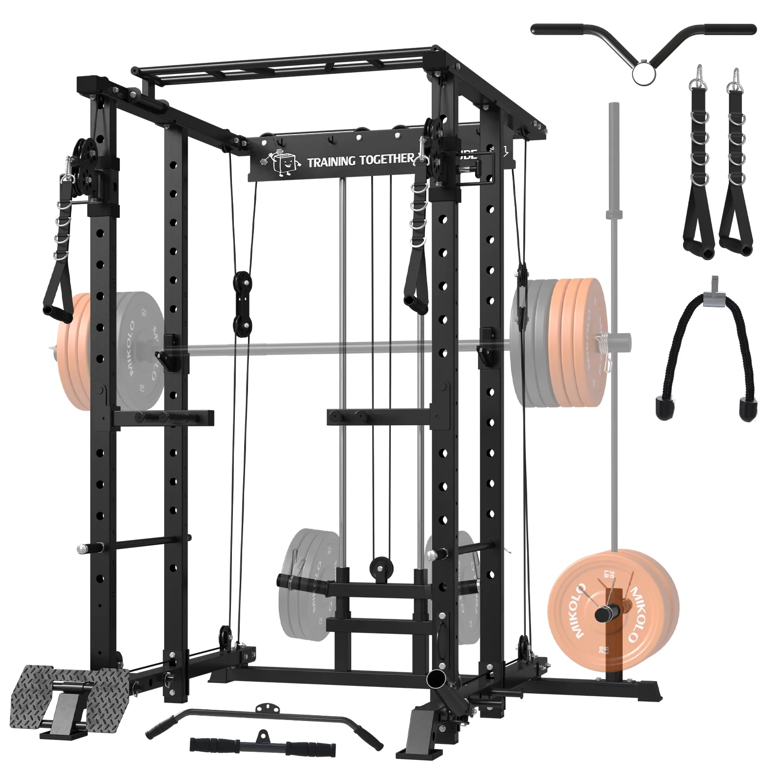 Mikolo Power Rack Cage, 1500 lbs Weight Rack with Cable Crossover Machine,Multi-Function Squat Rack with J Hooks,Dip Bars and Landmine for Home Gym (Black), Plate Loaded Machine - Womvr