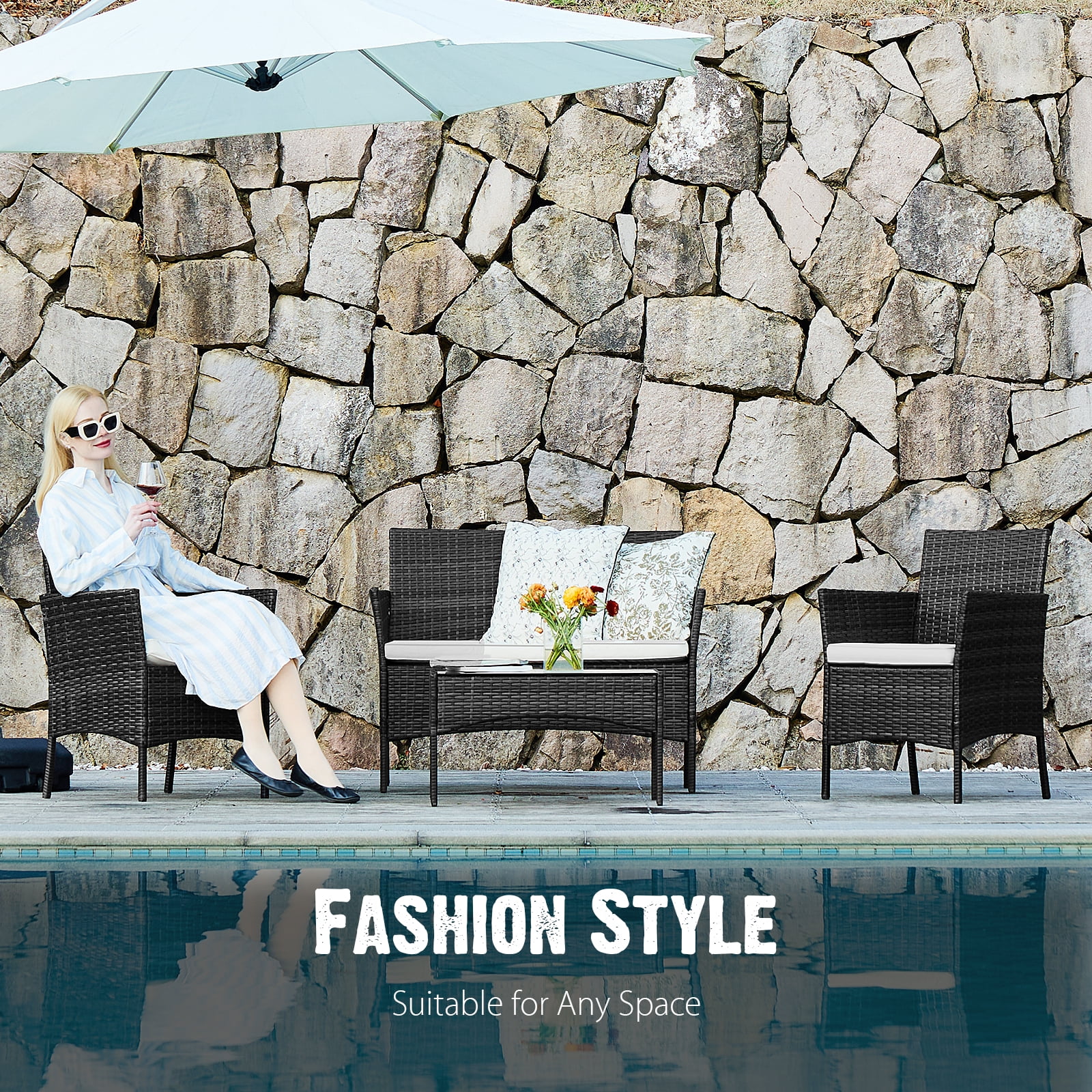 Yangming Outdoor Patio Furniture Set with Sectional Sofa, Table, Chairs and Thick Cushions - Perfect for Lawn, Garden, Backyard or Pool Area, Black - Womvr