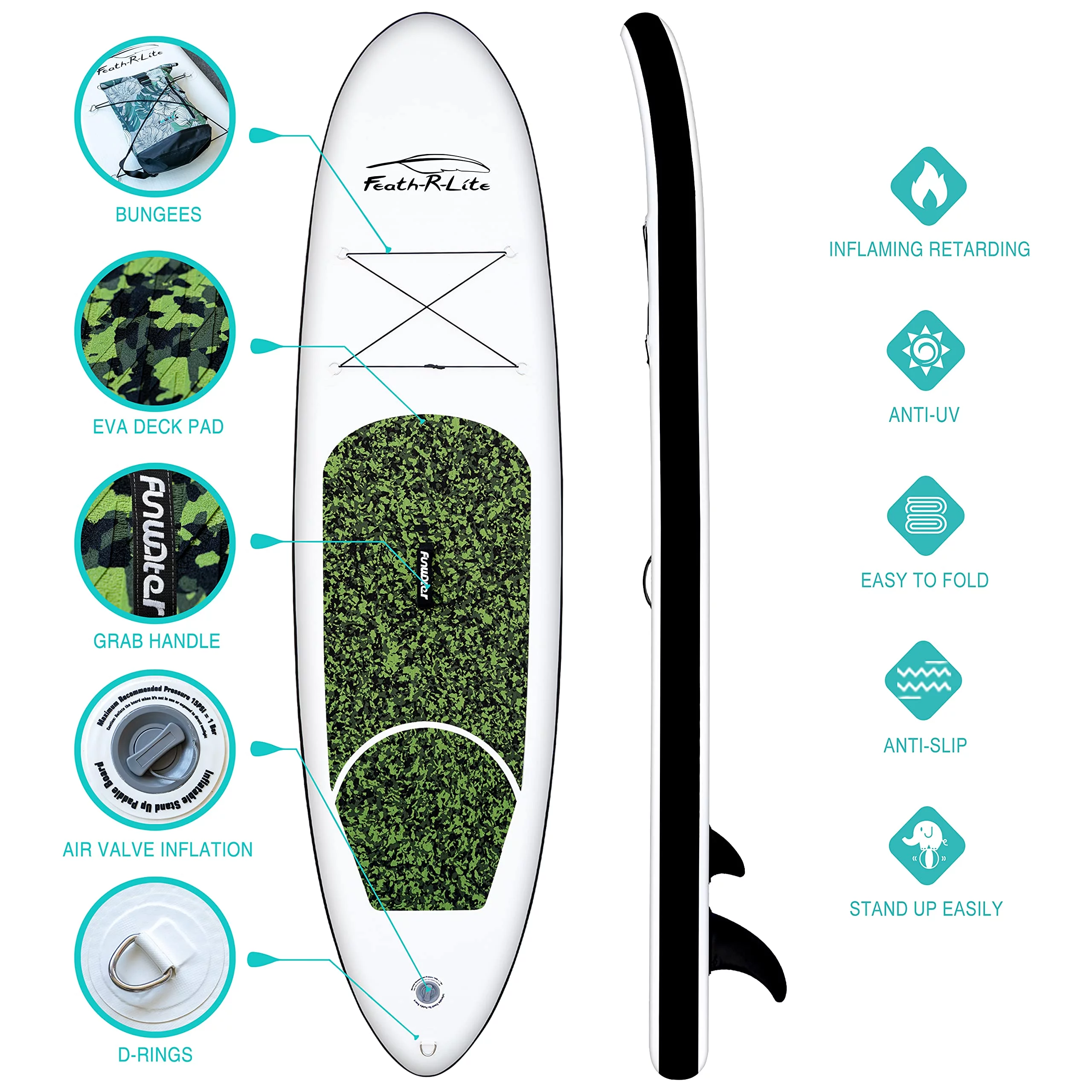 Feath-R-lite Inflatable Stand Up Paddle Board, SUP Red Camo Pattern Paddle Board 10'x30''x6'' (LxWxH),Adjustable Aluminum Paddle and Grey Back Hand Pump,Fins, Unisex - Womvr