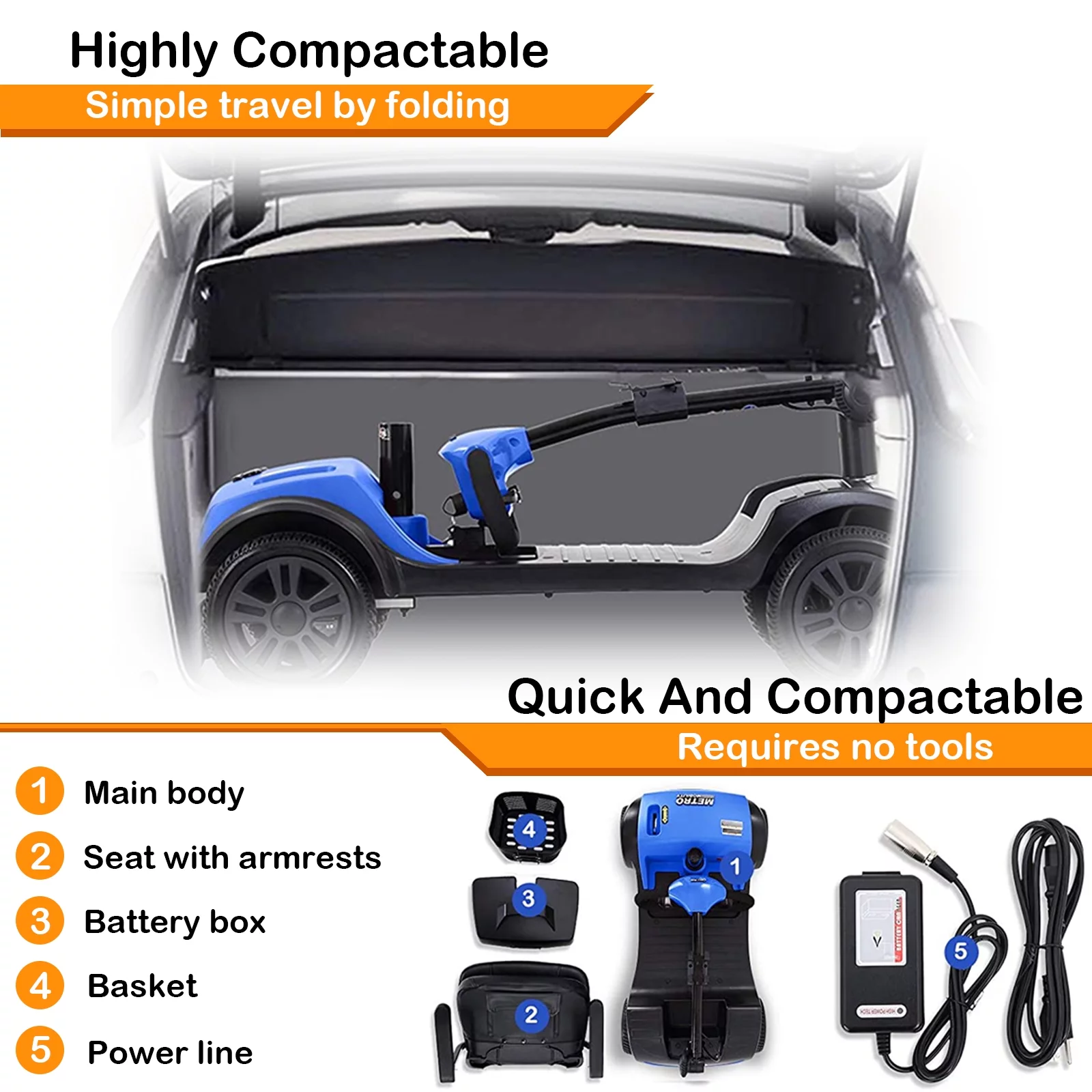 4 Wheels Folding Mobility Scooter for Seniors Adults with Baskets Blue - Womvr