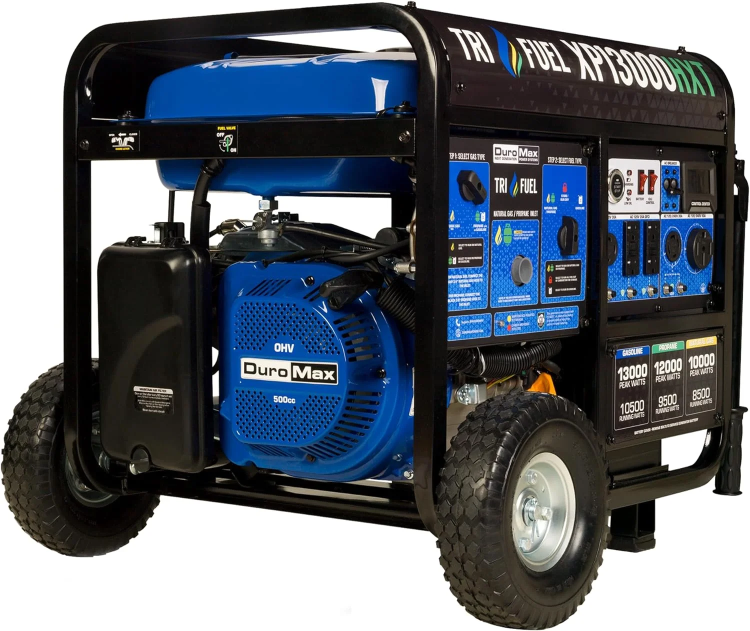 DuroMax XP13000HXT 13,000 Watt Electric Start Tri-Fuel Natural Gas/Propane/Gas Powered Portable Generator w/ CO Alert - Womvr