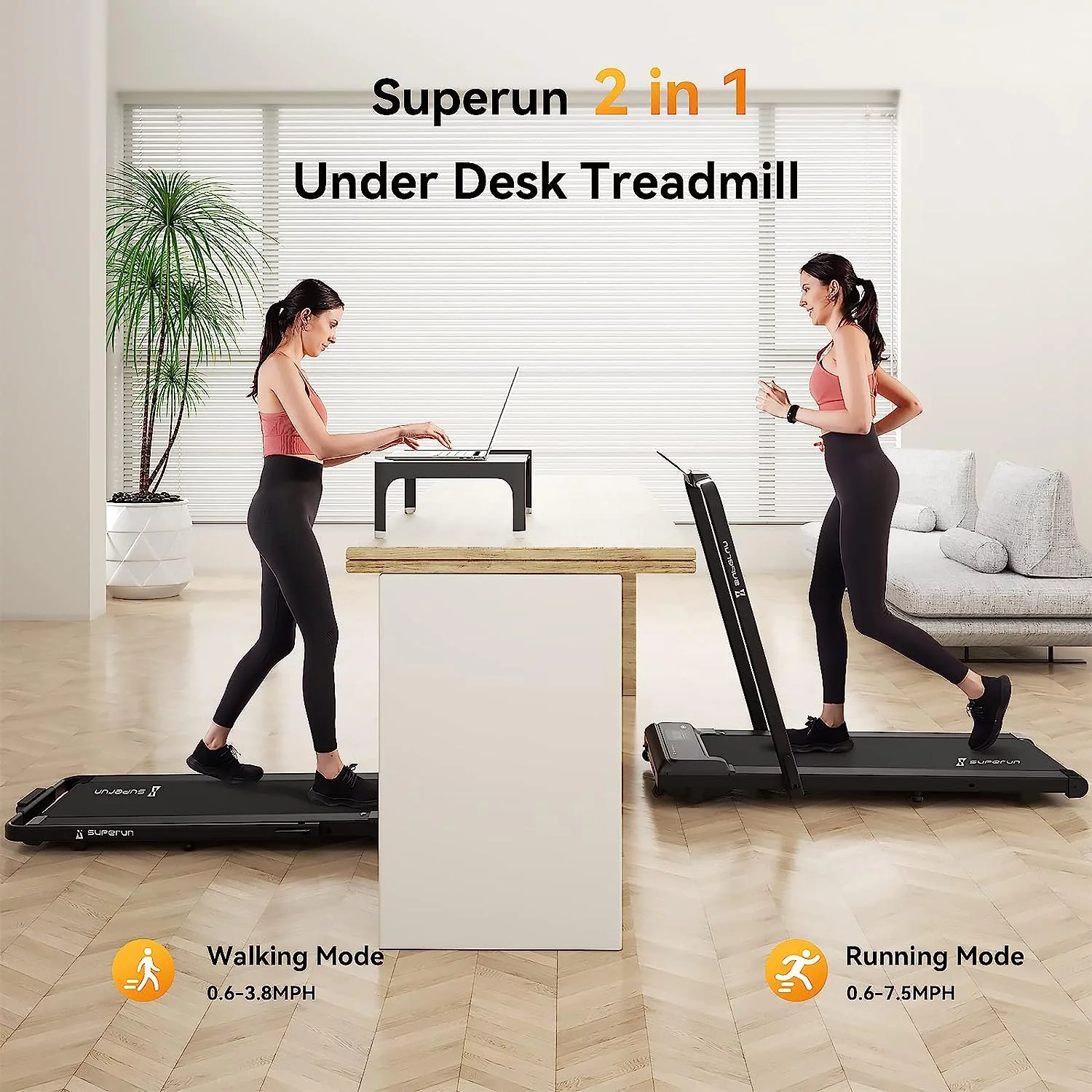 Superun 2 in 1 Folding Treadmill 3 HP Indoor Walking pad with 300lbs Capacity & APP Bracelet & Wider Running Belt(Orange) - Womvr
