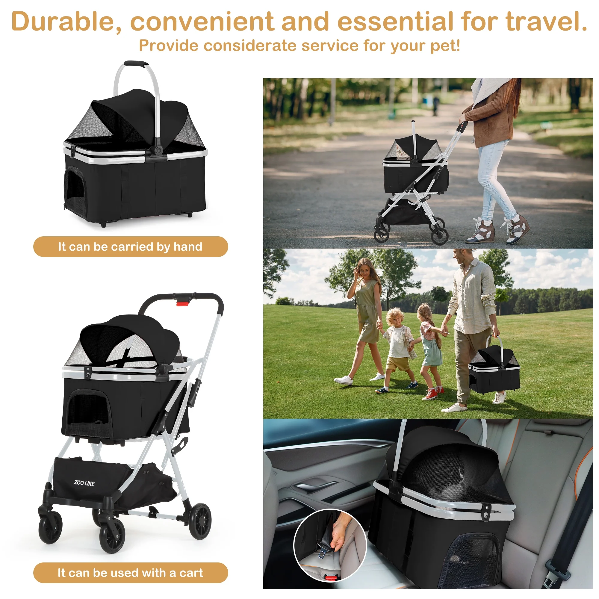 Zoolike Pet Stroller, Dog Cat Stroller 3-in-1 Detachable Doggy Stroller for Small Medium Dogs 4 Wheel Dog Travel Jogger Cart Cat Walker Foldable Wagons for Doggy Rabbit Puppy, Gray - Womvr