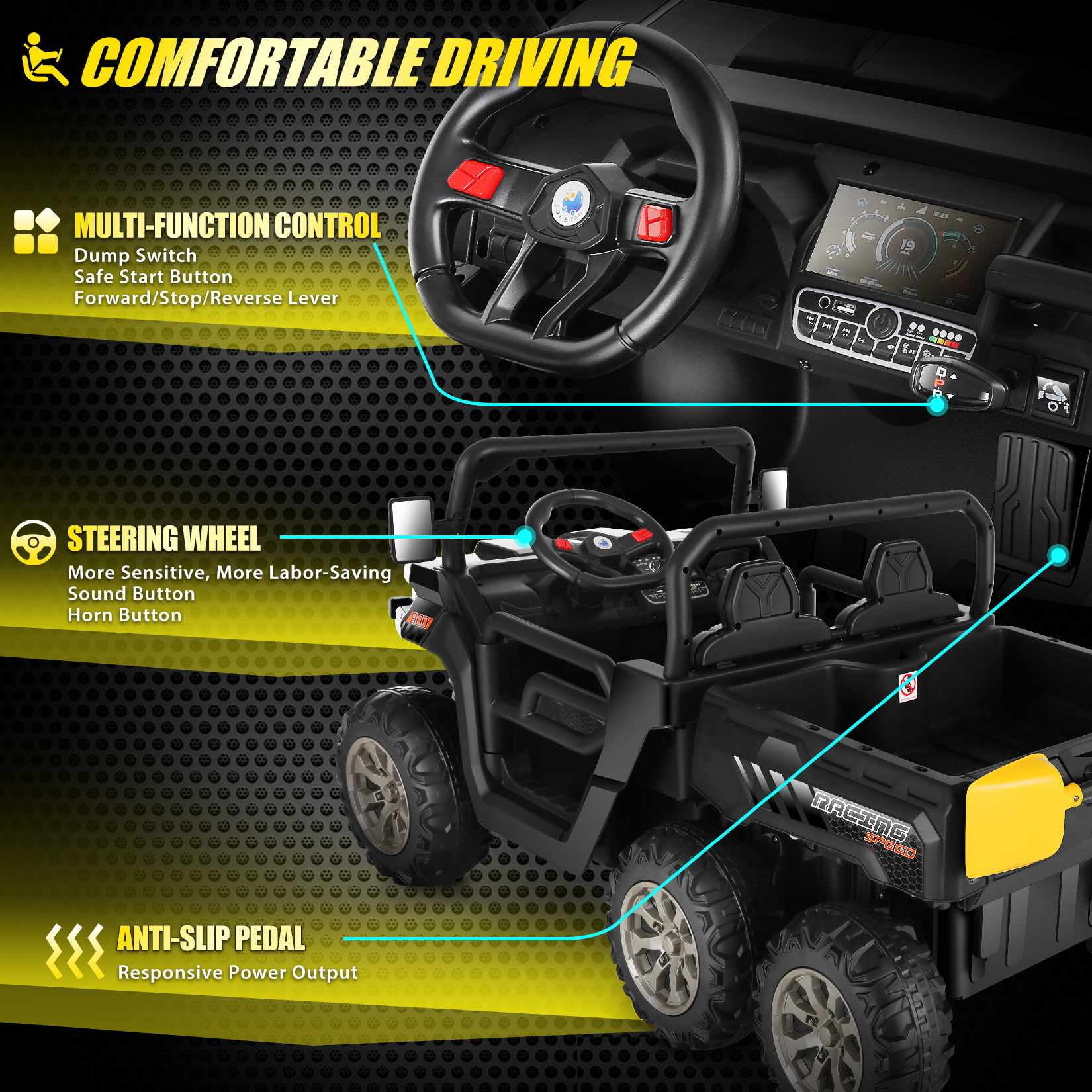 Funcid 24 V 4WD Kids Kids Ride on UTV with Remote Control, 2 Seater 6-Wheel Ride on Dump Truck Car, Ride on Toys w/ Tipping Bucket Trailer & Shovel,Bluetooth Music, Black - Womvr