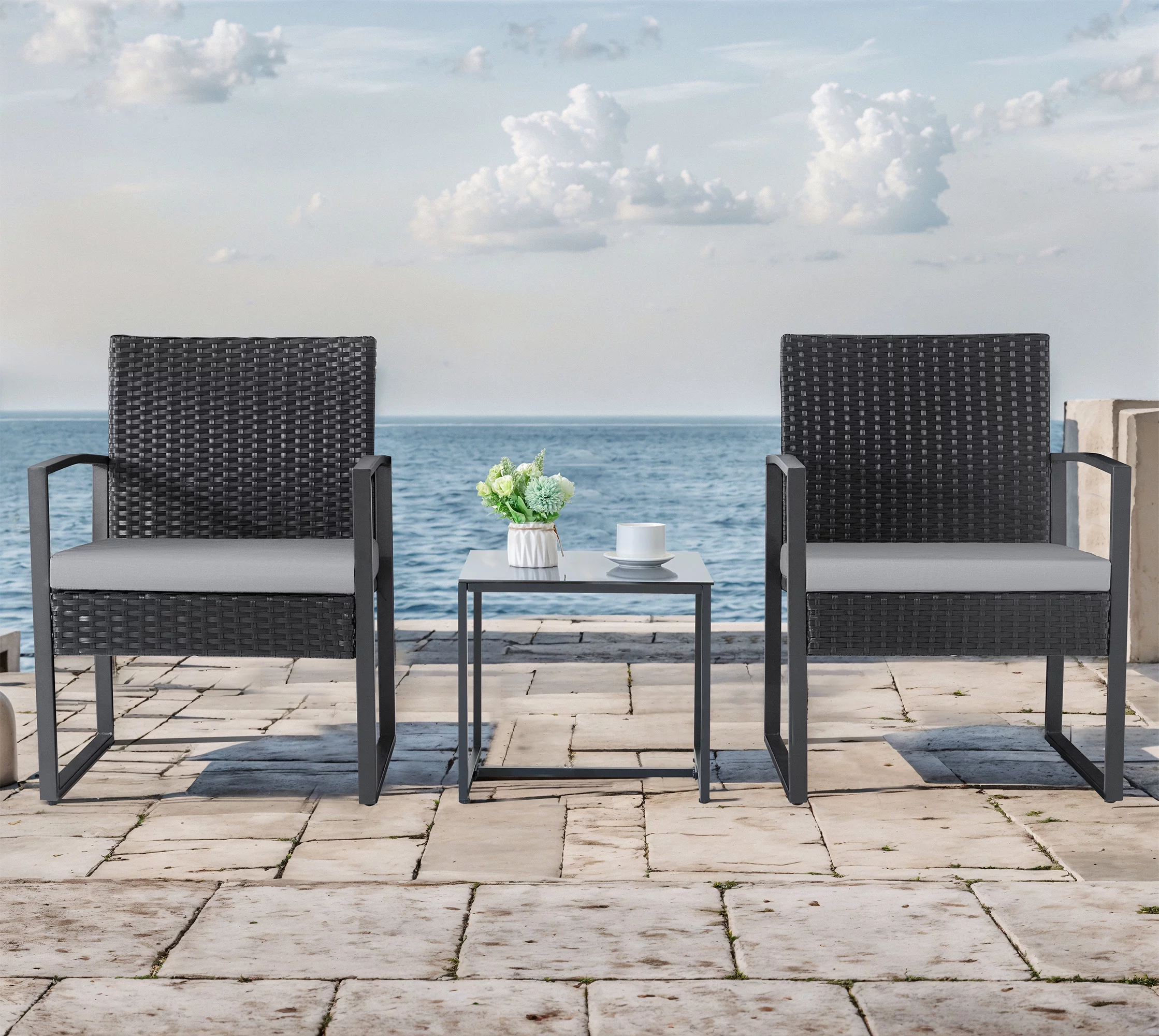 Homall Patio Furniture 3-Piece Set Casual Wicker Chair Bistro Chair with Coffee Table, Black - Womvr