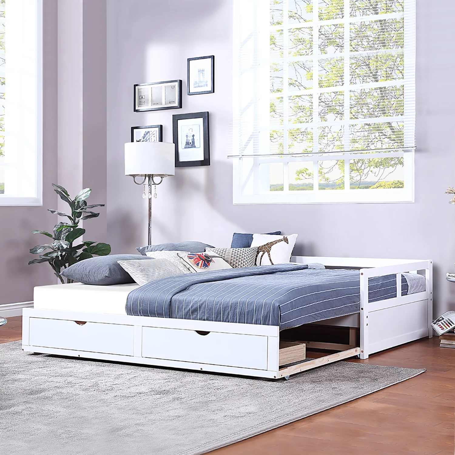 Nestfair White Wooden Daybed with Trundle Bed and Two Storage Drawers - Womvr