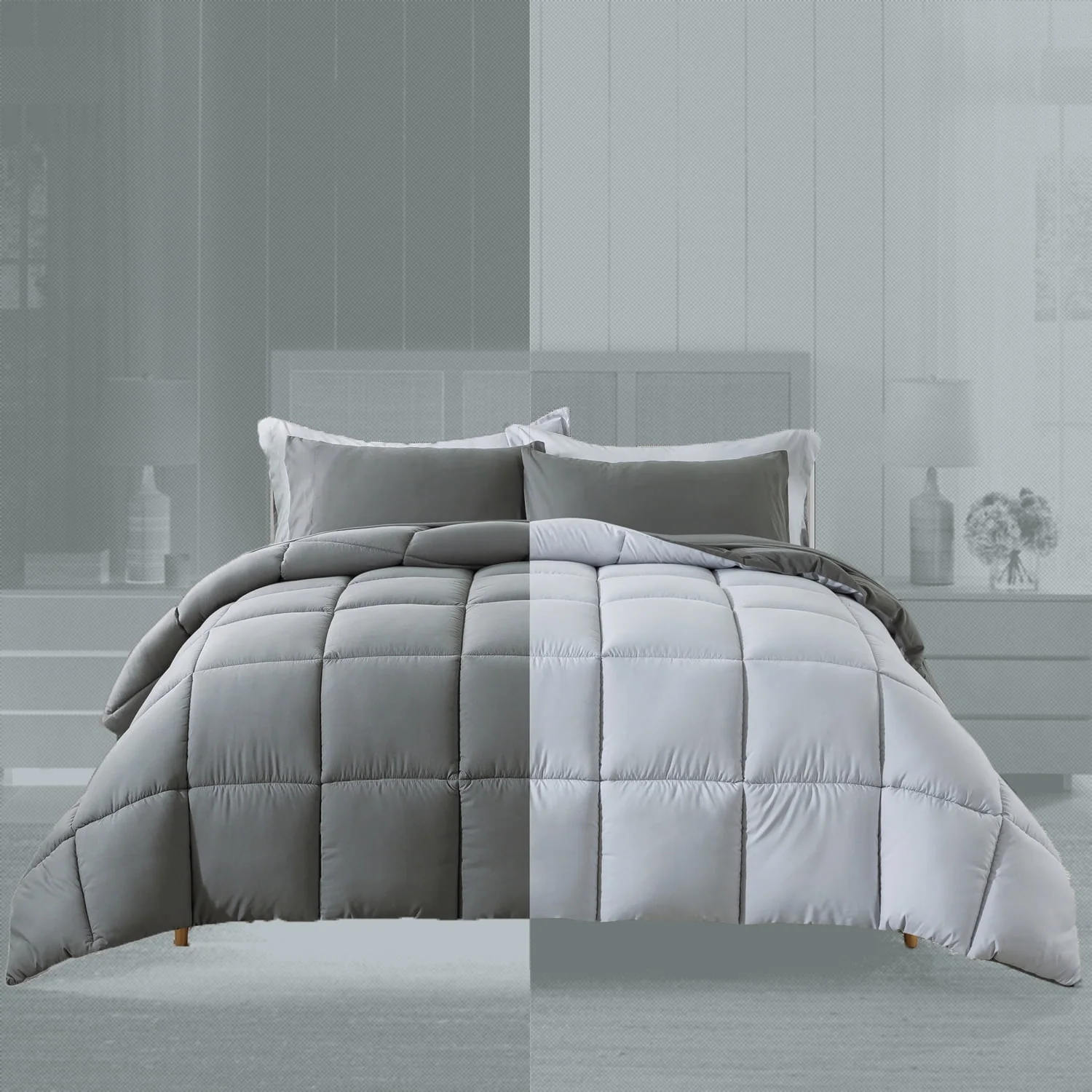 Downcool Queen Size Bed in a Bag 7 Piece Reversible Comforter Set | All-Season Bedding Sets, Adult, Unisex, White/Light Gray - Womvr