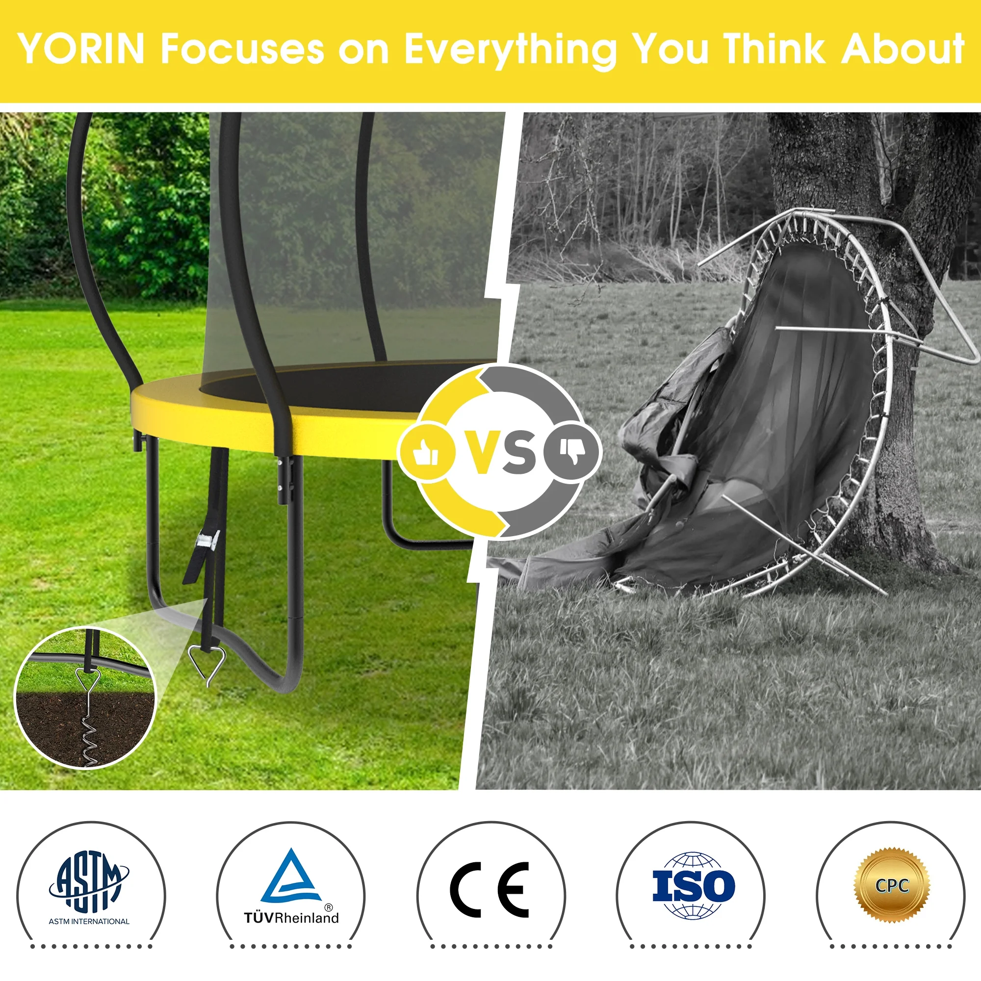YORIN Trampoline for 2-3 Kids, 8FT 10FT Trampoline for Adults with Enclosure Net, Basketball Hoop, Ladder, 800LBS Outdoor Recreational Trampoline with Light, Sprinkler, Socks, Heavy Duty Trampoline - Womvr