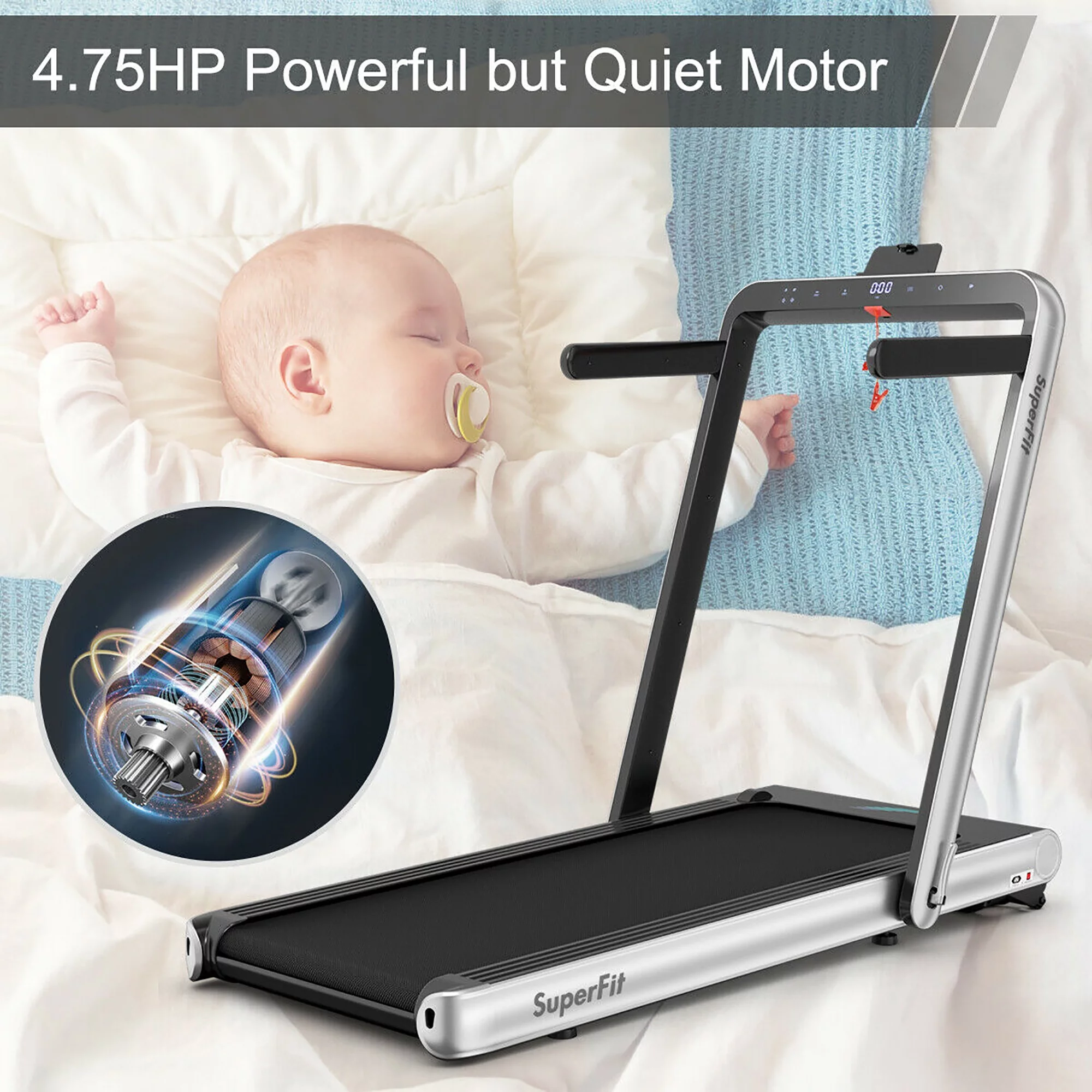 SuperFit 4.75HP 2 In 1 Folding Treadmill W/Remote APP Control White - Womvr