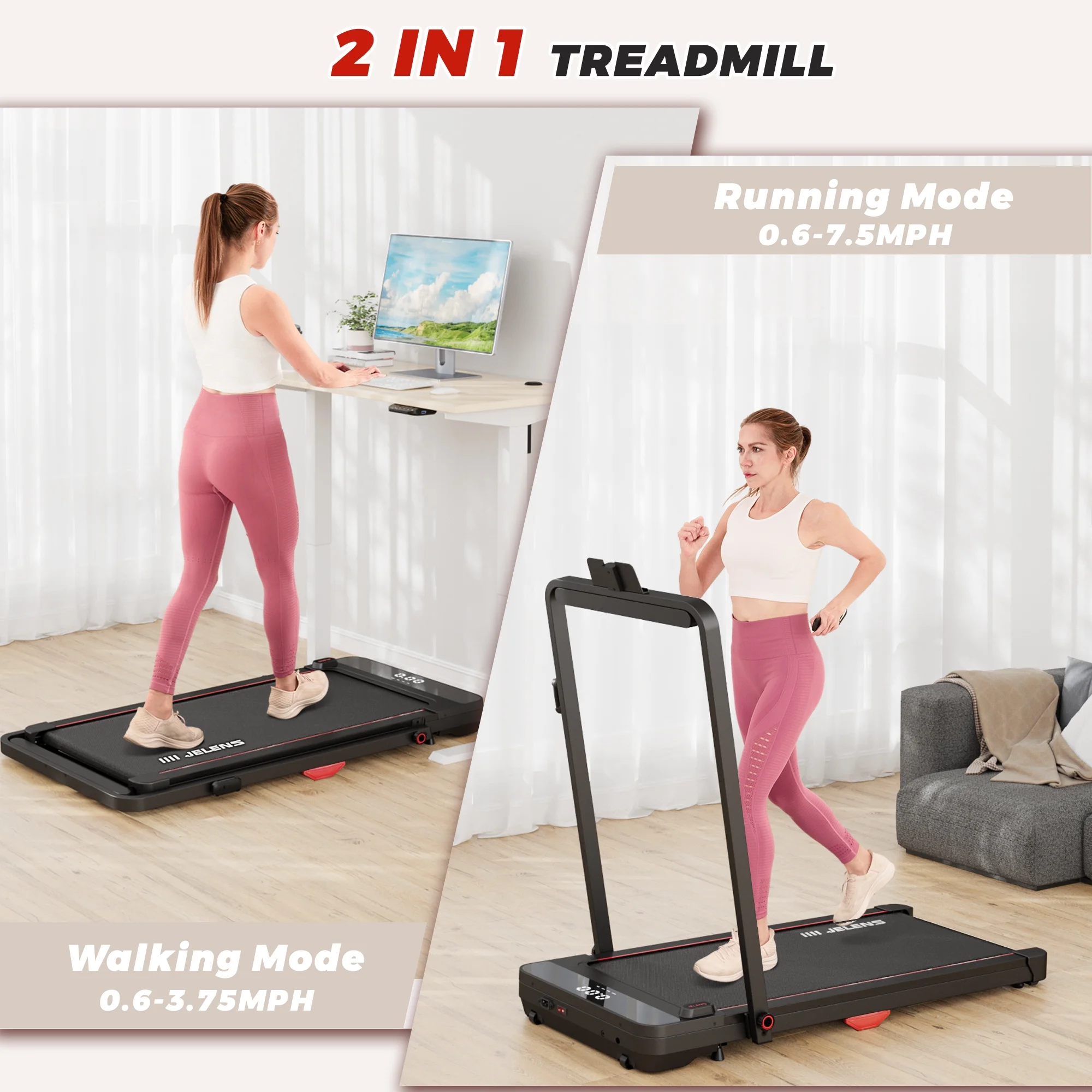 JELENS 2 in 1 Treadmill, 2.5HP Walking Pad Folding Treadmill with Remote Control and LED Display, Portable Under Desk Treadmill for Home Office with 265lbs Weight Capacity - Womvr