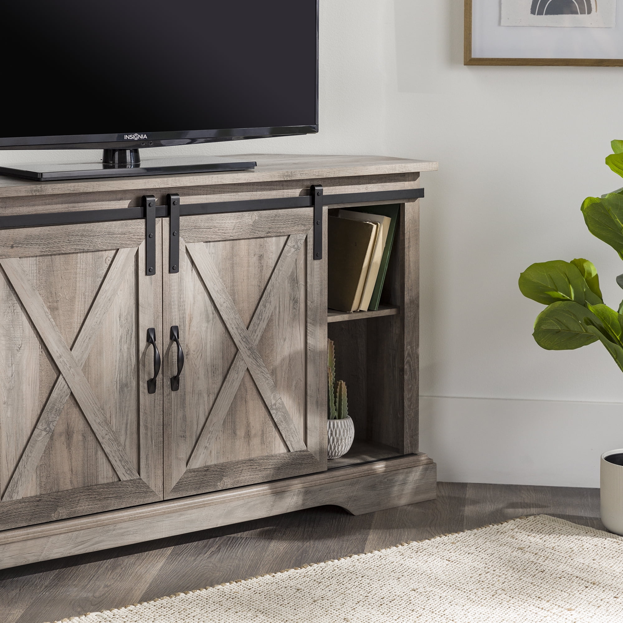 Walker Edison Modern Farmhouse Sliding Door Corner TV Stand, White Oak - Womvr