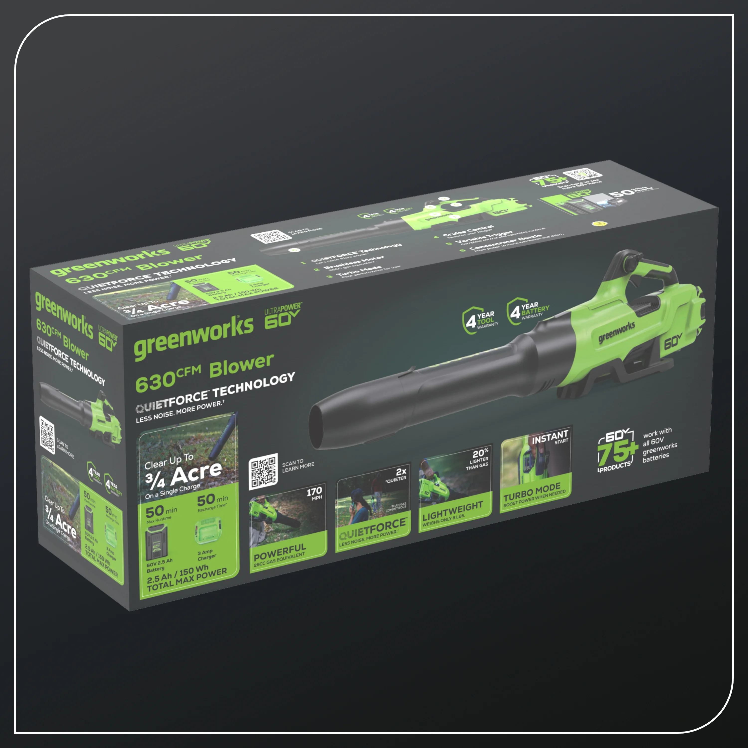 Greenworks 60V 630 CFM 170 MPH Leaf Blower with 2.5 Ah Battery & 3 Amp Charger 2429902 - Womvr