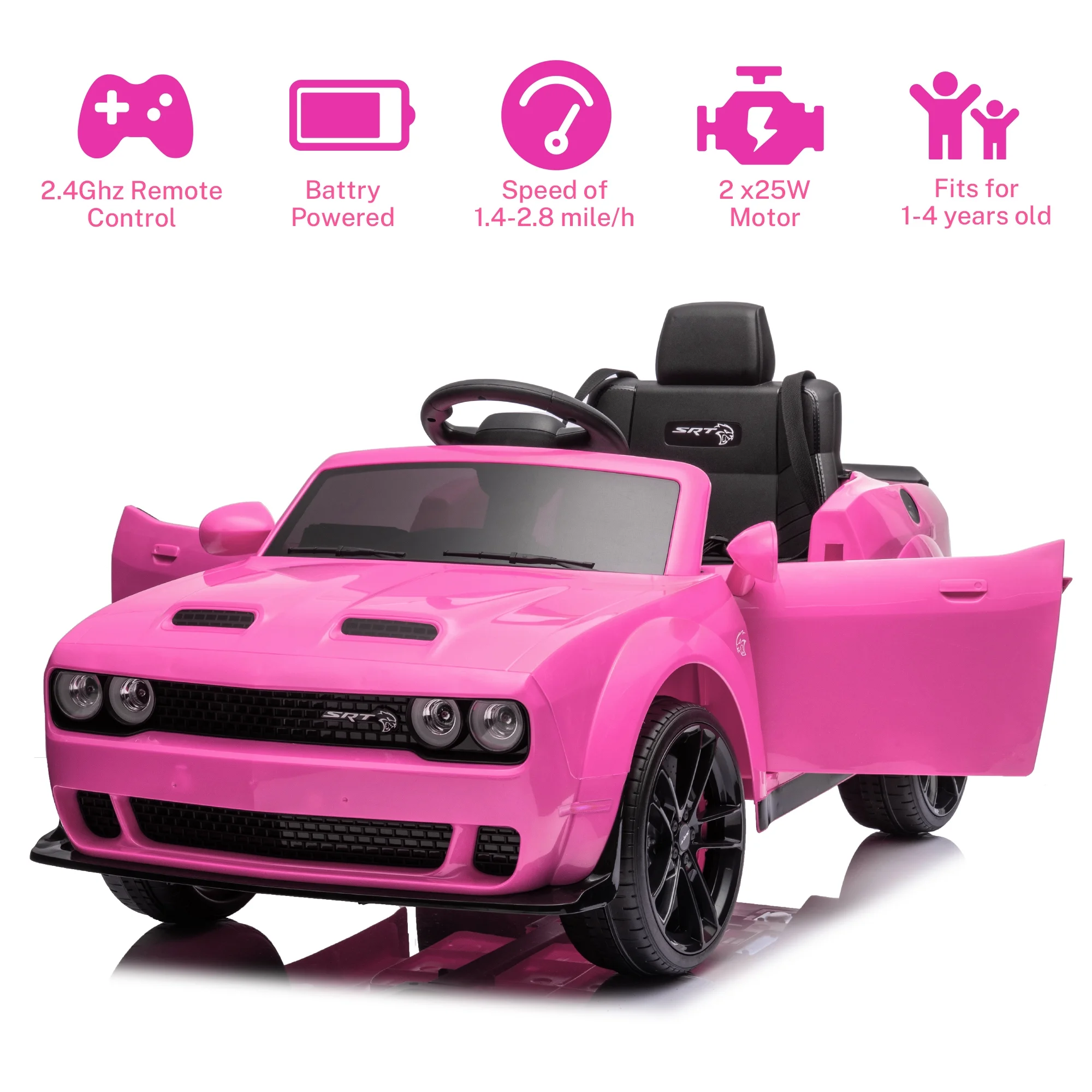 Dodge Challenger 12 V Powered Ride On Car with Remote Control, SRT Hellcat Toys for Kids, Black - Womvr