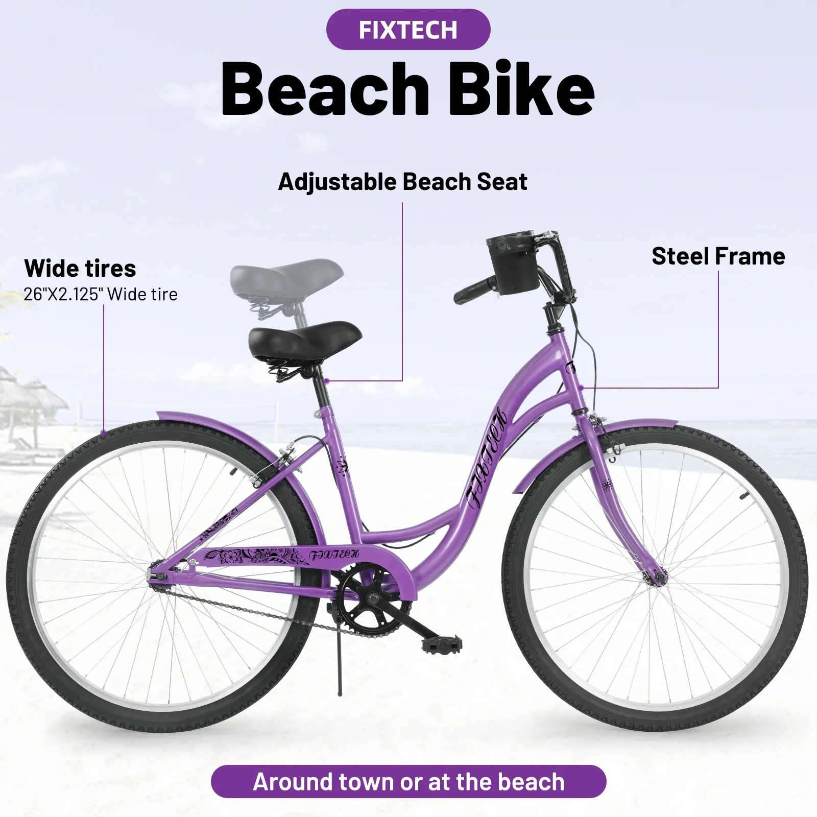 FIXTECH 7 Speed Foldable Comfort Cruiser Bike, 26 inch with Basket for Women and Girls, White - Womvr