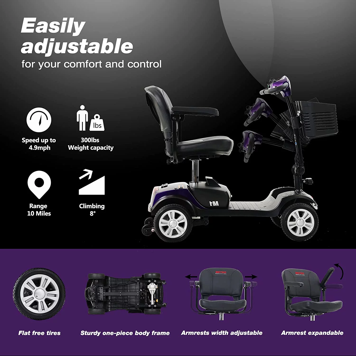 Metro Mobility Elderly Scooter Folding Scooter 4 Wheel Scooter Purple. - Womvr