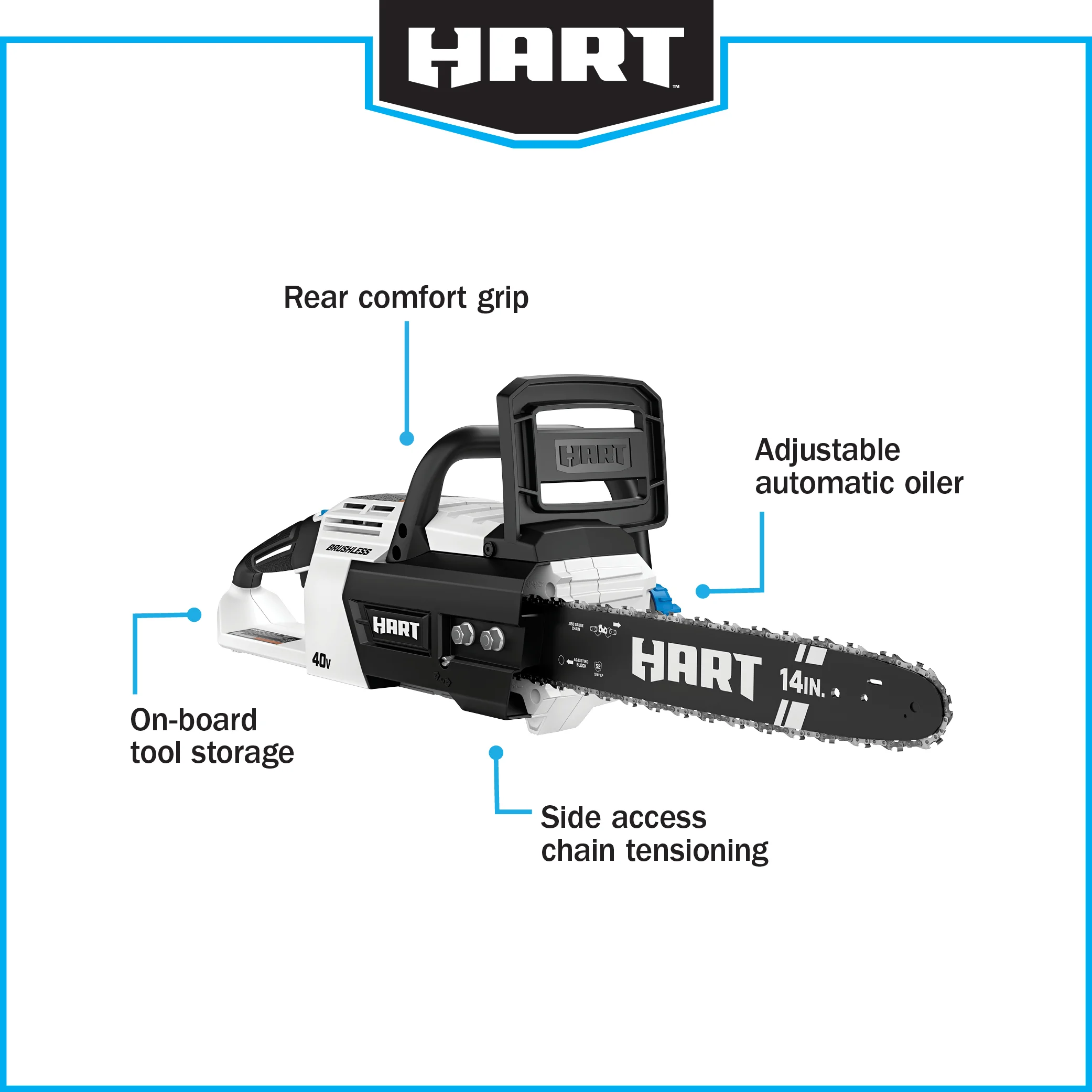 HART 40-Volt 14-inch Battery-Powered Brushless Chainsaw Kit, (1) 4.0Ah Lithium-Ion Battery - Womvr