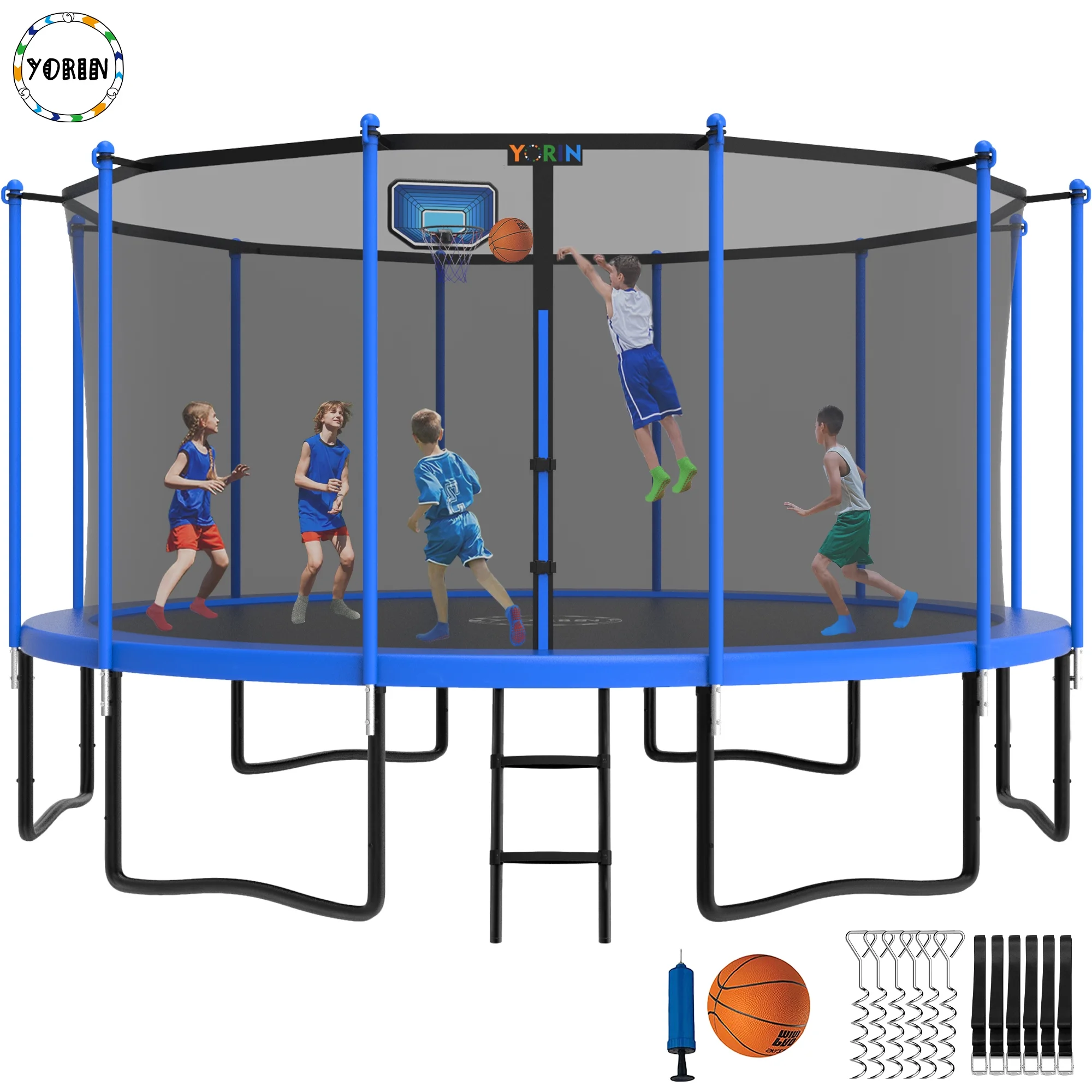 YORIN 1200LBS 12FT 14FT 15FT Trampoline for Kids Adults, Trampoline with Safety Enclosure Net, Basketball Hoop and Ladder, Outdoor Heavy-Duty Trampoline - Womvr