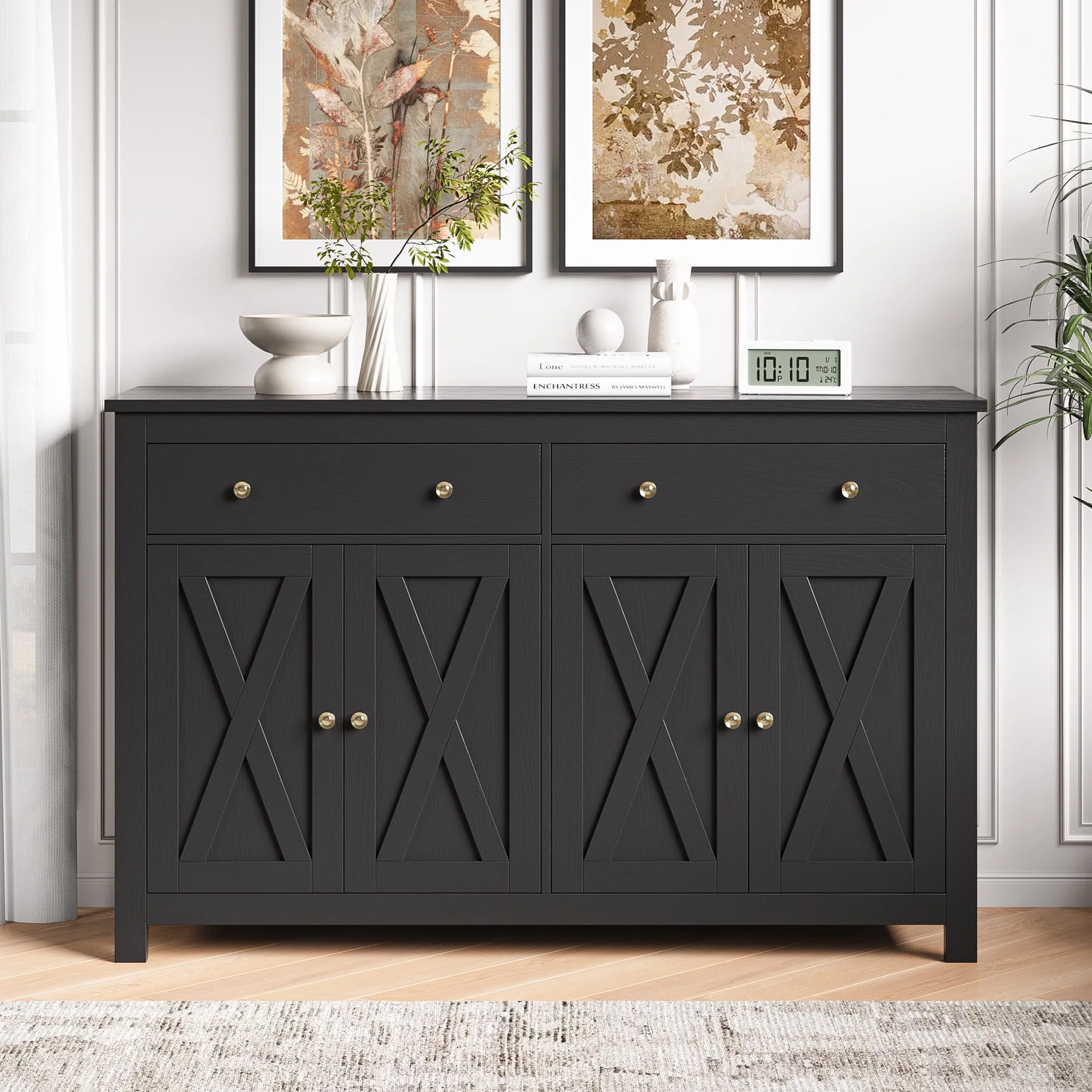 Homfa 4-Doors 2-Drawers Farmhouse Storage Cabinet, Wood Sideboard with Adjustable Shelves for Kitchen Dining Room, White - Womvr