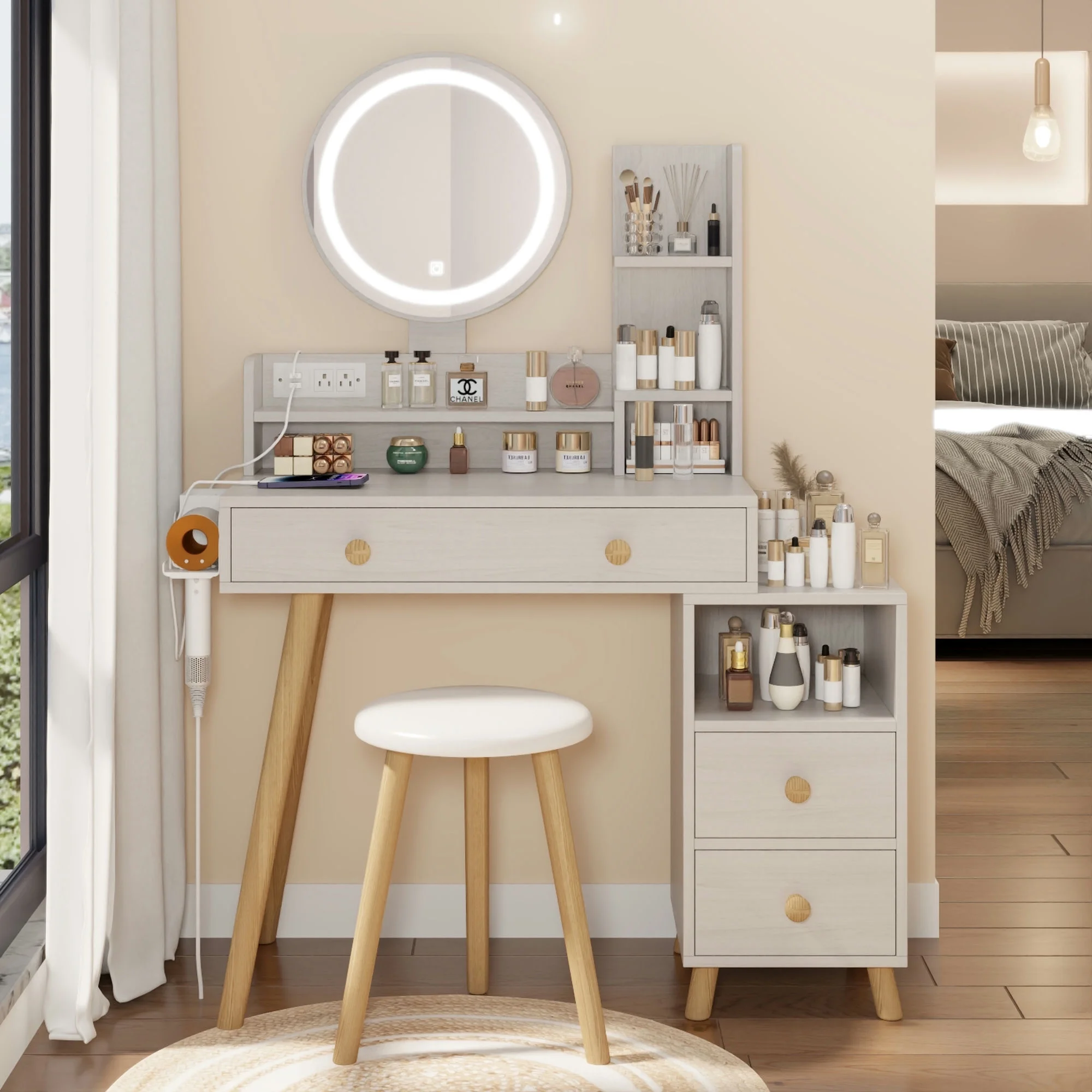 Kadyn Vanity Table with Large Sliding Lighted Mirror, Dressing Table with 2 Drawers, Storage Shelves and Upholstered Stool, White - Womvr