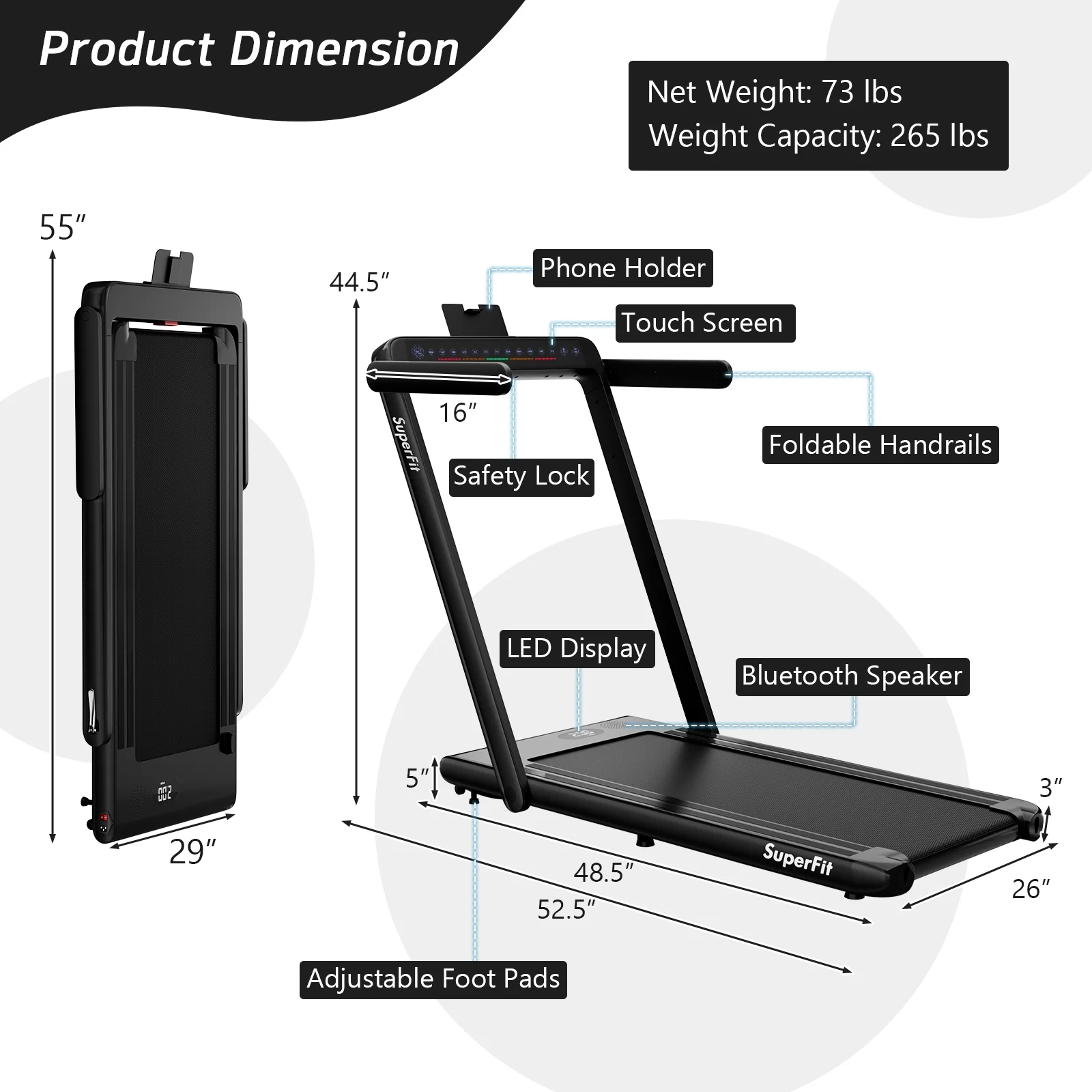 SuperFit Up To 7.5MPH 2.25HP 2 in 1 Dual Display Screen Folding Treadmill Jogging Machine W/APP Control Silver - Womvr