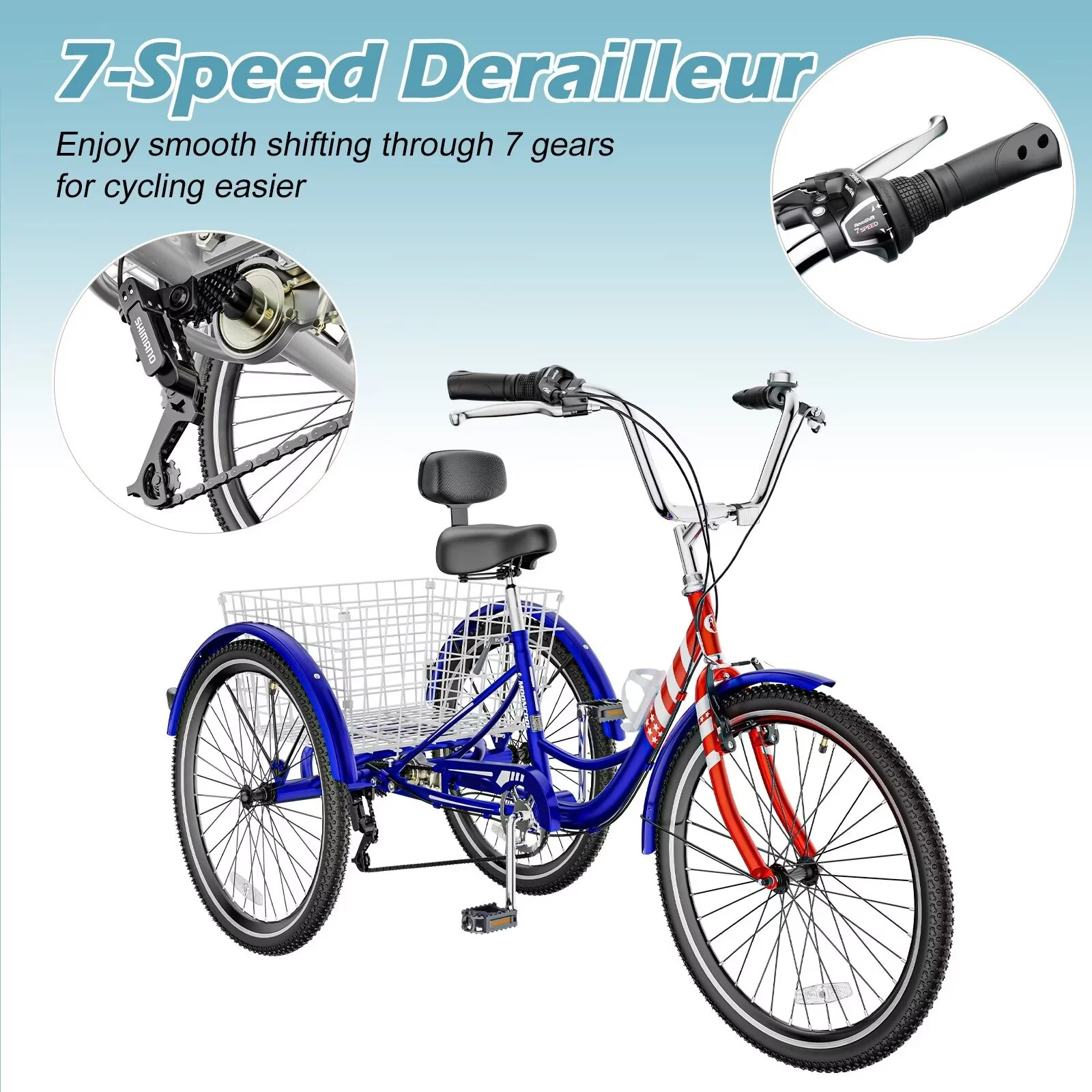 MOPHOTO 20/24/26 inch Adult Tricycle Folding 3 Wheel Cruiser Bikes 7 Speed, Portable and Foldable Trikes with Cargo Basket for Men & Women Outdoor Cycling, Purple - Womvr