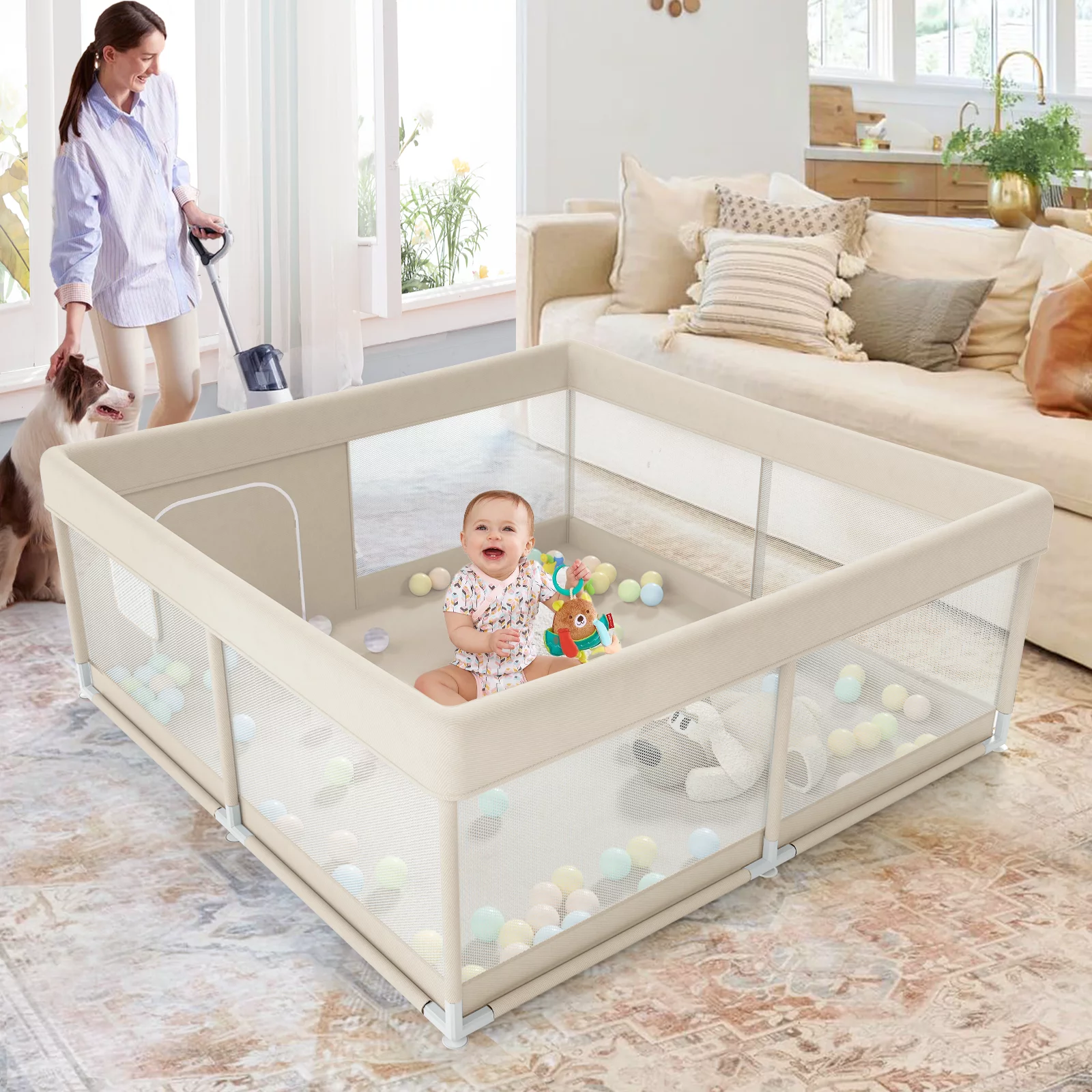 Pkinoicy 47x47inch Play Pen with Mat for Babies and Toddlers, Playpen with Mat, Baby Playpen with Mat, mall Baby Playpen with Mat - Womvr