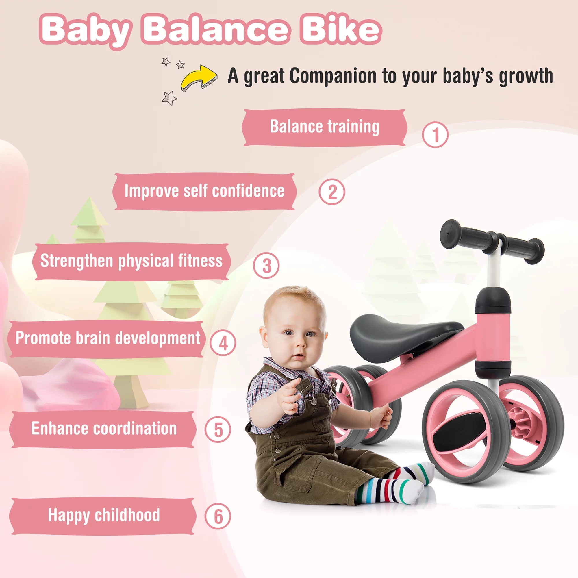 Costway Baby Balance Bike Toddler Riding Toys  w/ 4 Wheels Pink - Womvr